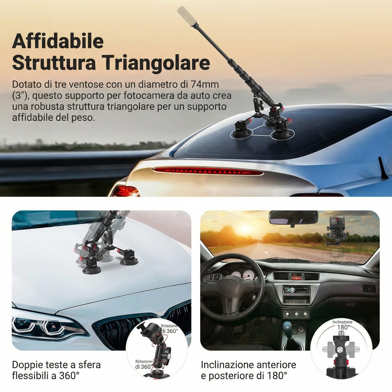 NEEWER Treppiede a Ventosa Tripla per Auto Compatibile con Insta360 X5 X4, GoPro, DJI OSMO 360, Kit Montaggio,Braccio Flessibile e Sgancio Rapido, Asta Estensibile 2in1/Monopiede per Selfie, CA065