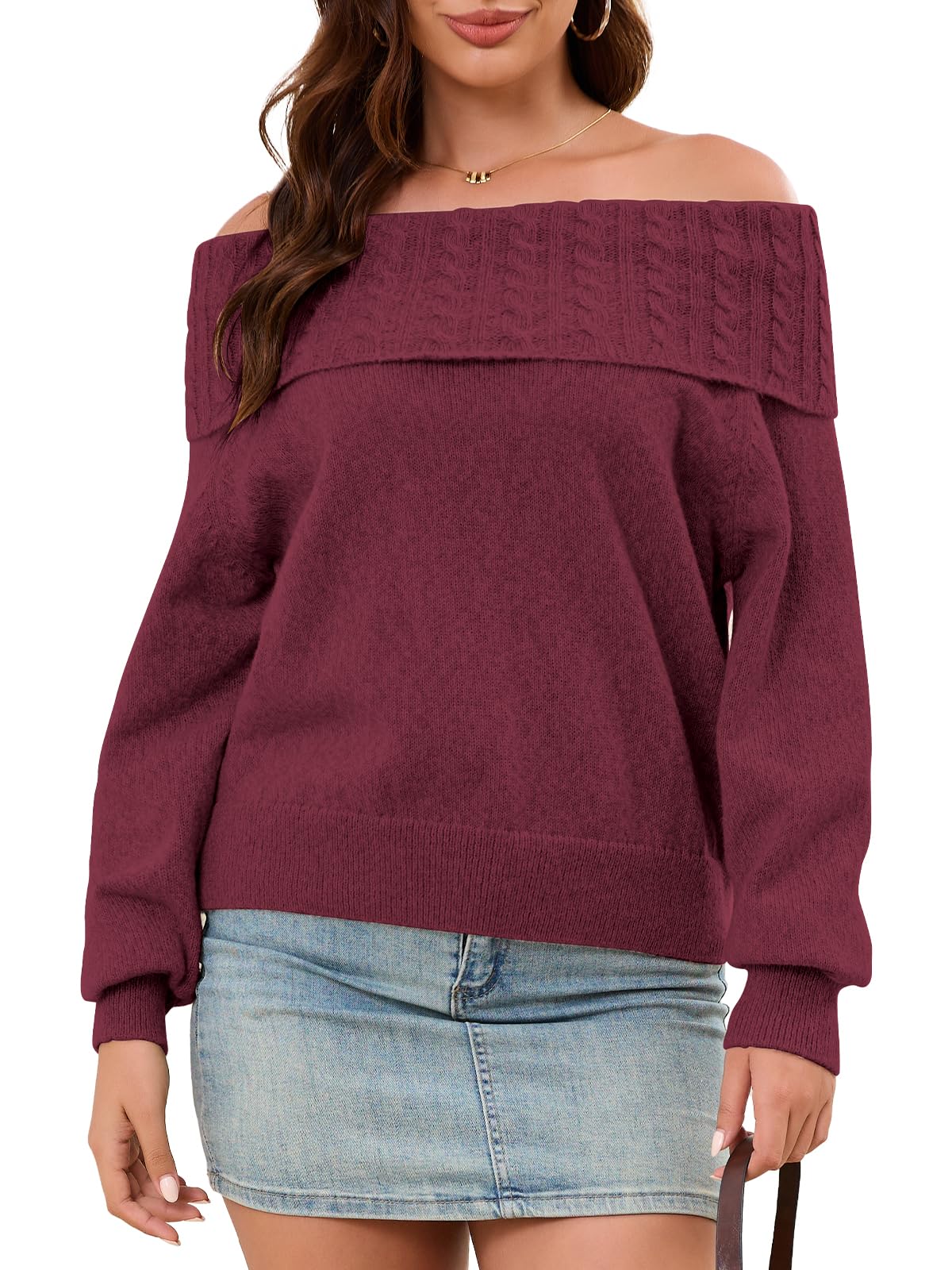 Womens Off The Shoulder Sweater Batwing Sleeve Loose Knit Pullover Sweaters Jumper Tops Fall Winter Clothes