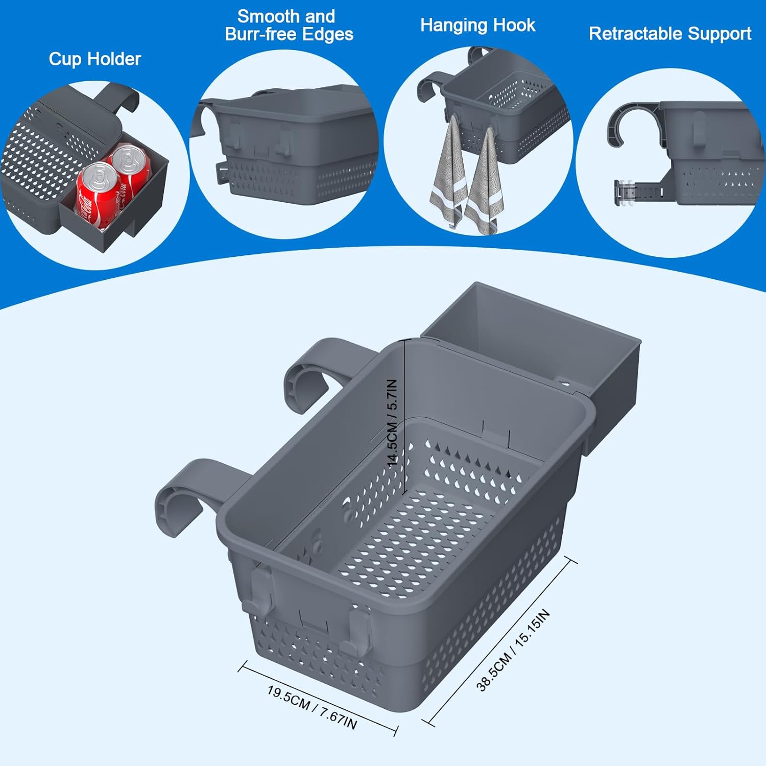 Poolside Storage Basket with Cup Holder & Hooks, Above Ground Pool Accessories, Pool Storage Basket Fit for Most Above Ground Pool (2 Pack)
