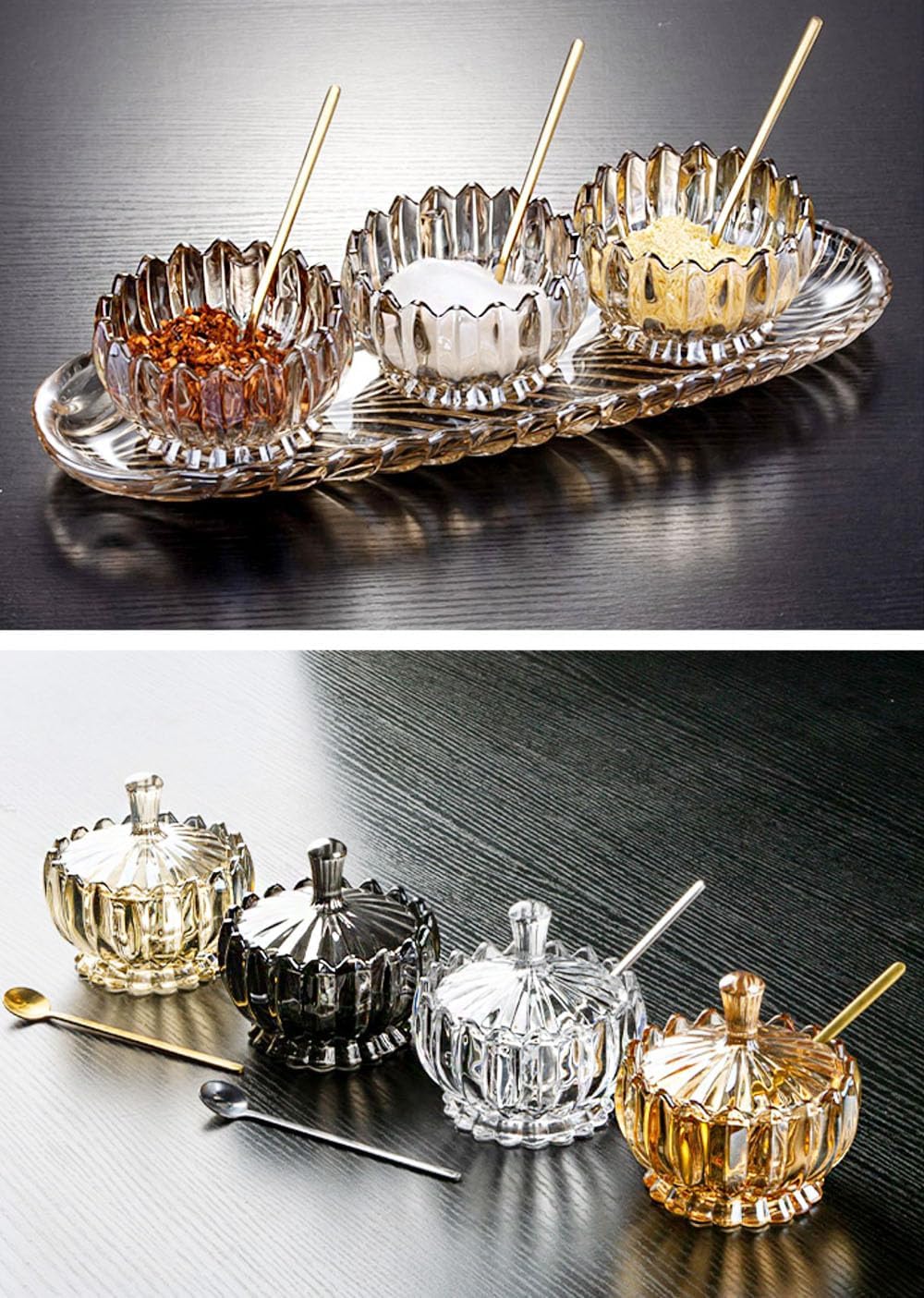 Glass Sugar Bowl Seasoning Box Condiment Pot with Lid Spoon