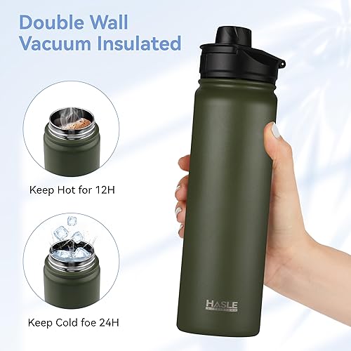 Miniatura 4 de HASLE OUTFITTERS Botella de agua aislada de 22 onzas, botella de agua de acero inoxidable de doble pared, de boca ancha con tapa de popote y tapa de