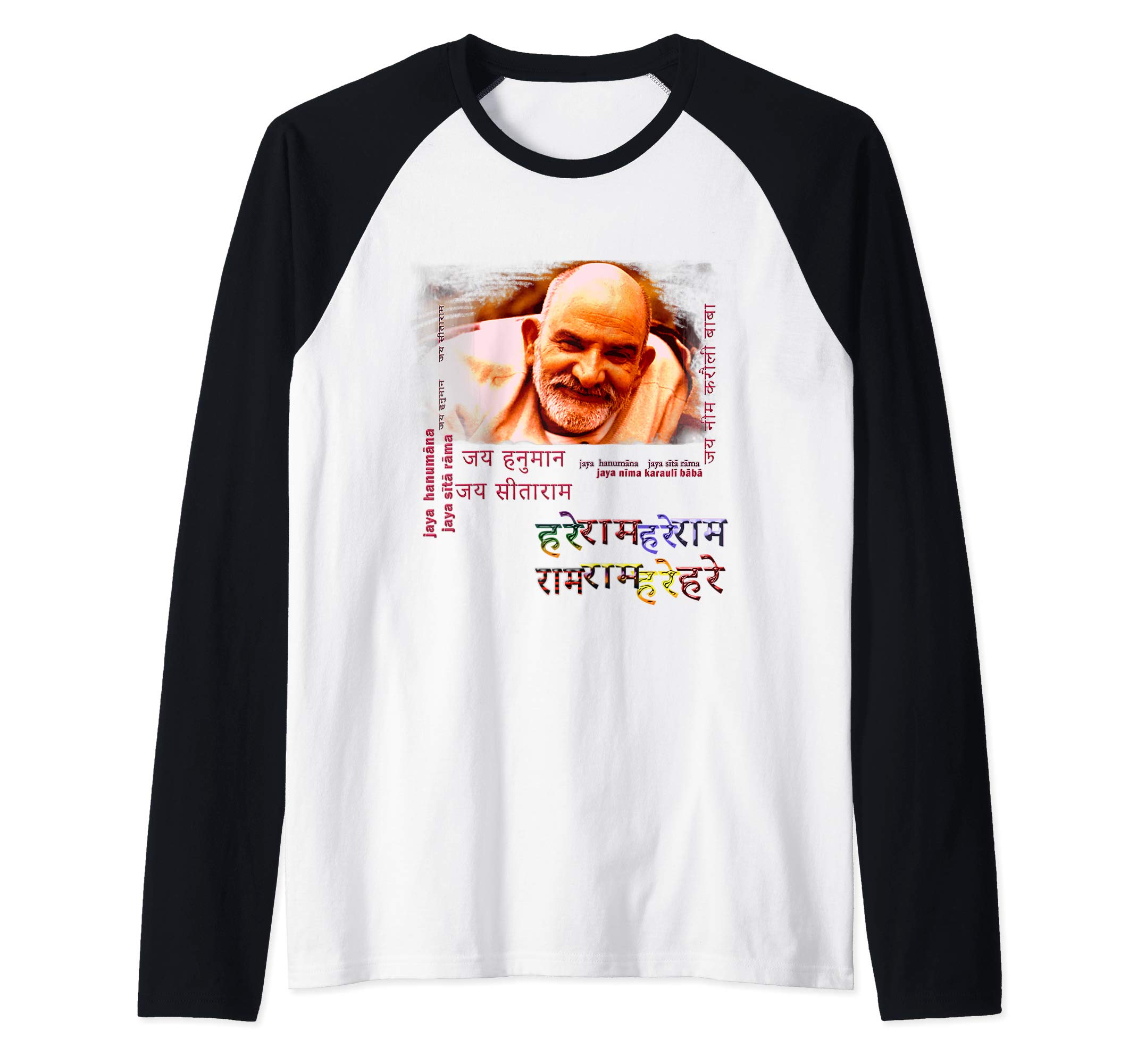 Baba Neem Karoli Maharaj with Hanuman Chalisa on Back Raglan Baseball Tee