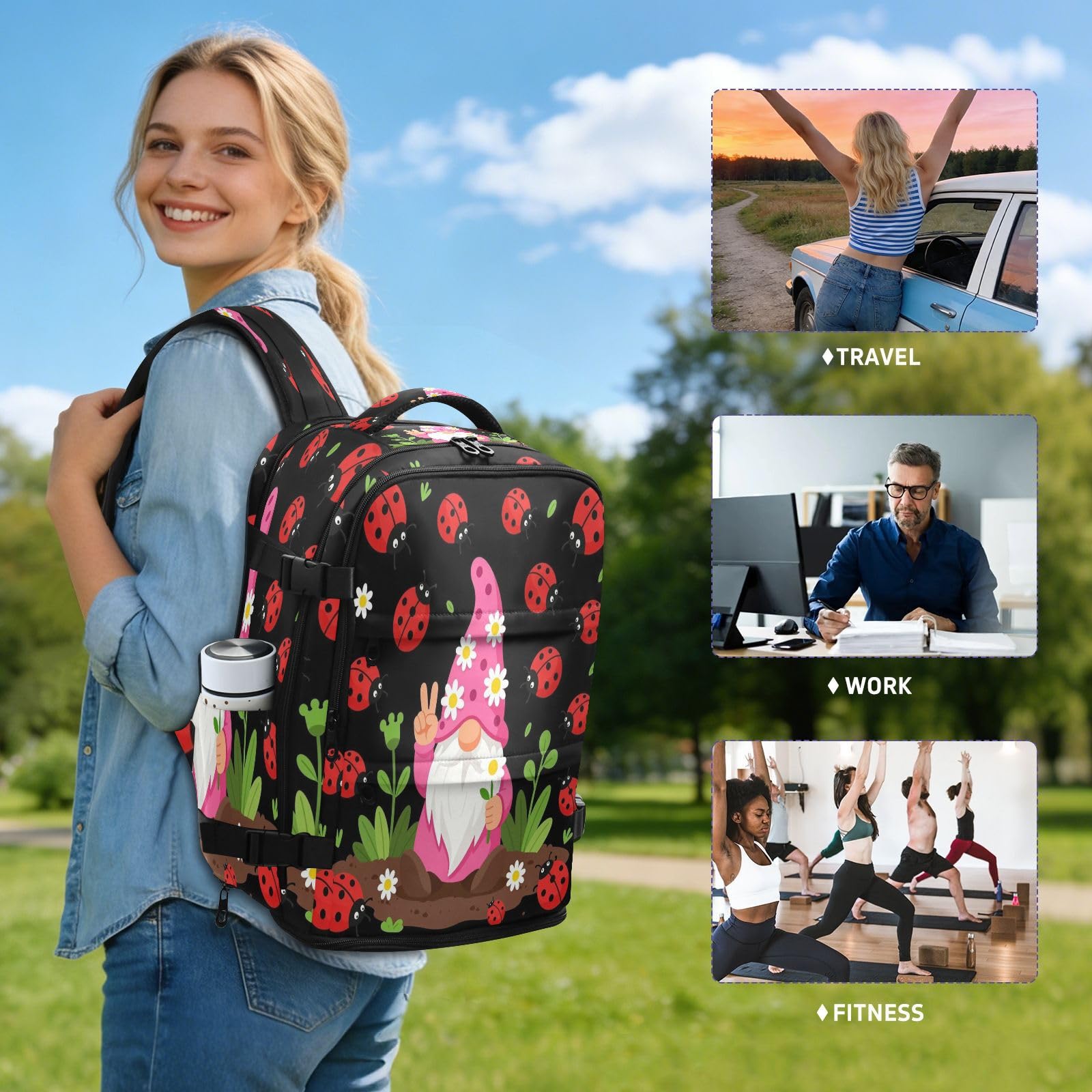 Mały plecak podróżny niezbędnik do samolotów 20 l | Lekka torba na laptopa Peace Love Gnome Lady Bugs Travel Essentials dla kobiet praca bolso para laptop 20L