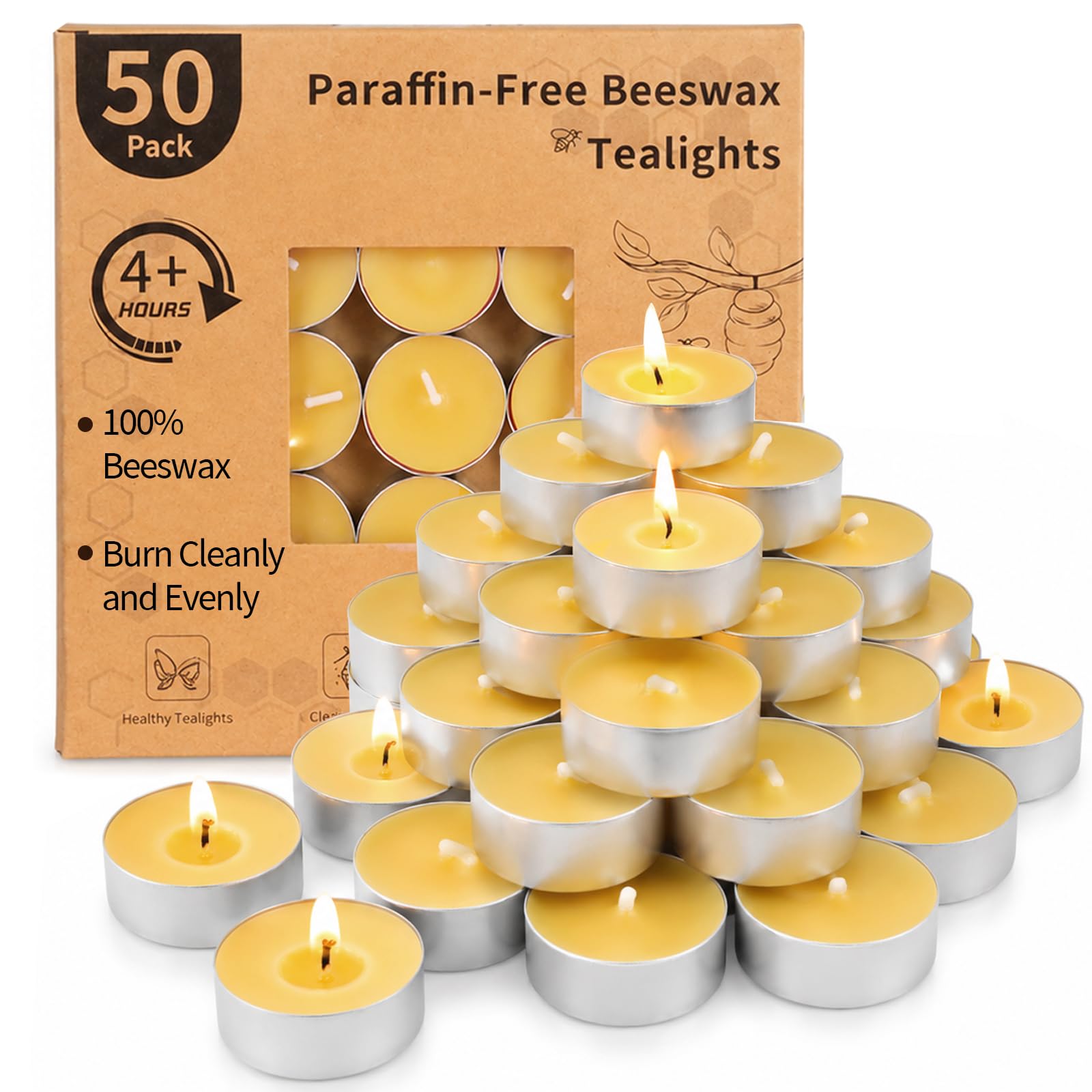 Paquete de 50 velas de cera de abeja, velas de cera de abeja pura, velas de té | Velas de té orgánicas naturales sin perfume, sin humo, combustión limpia con 4 horas de tiempo de combustión