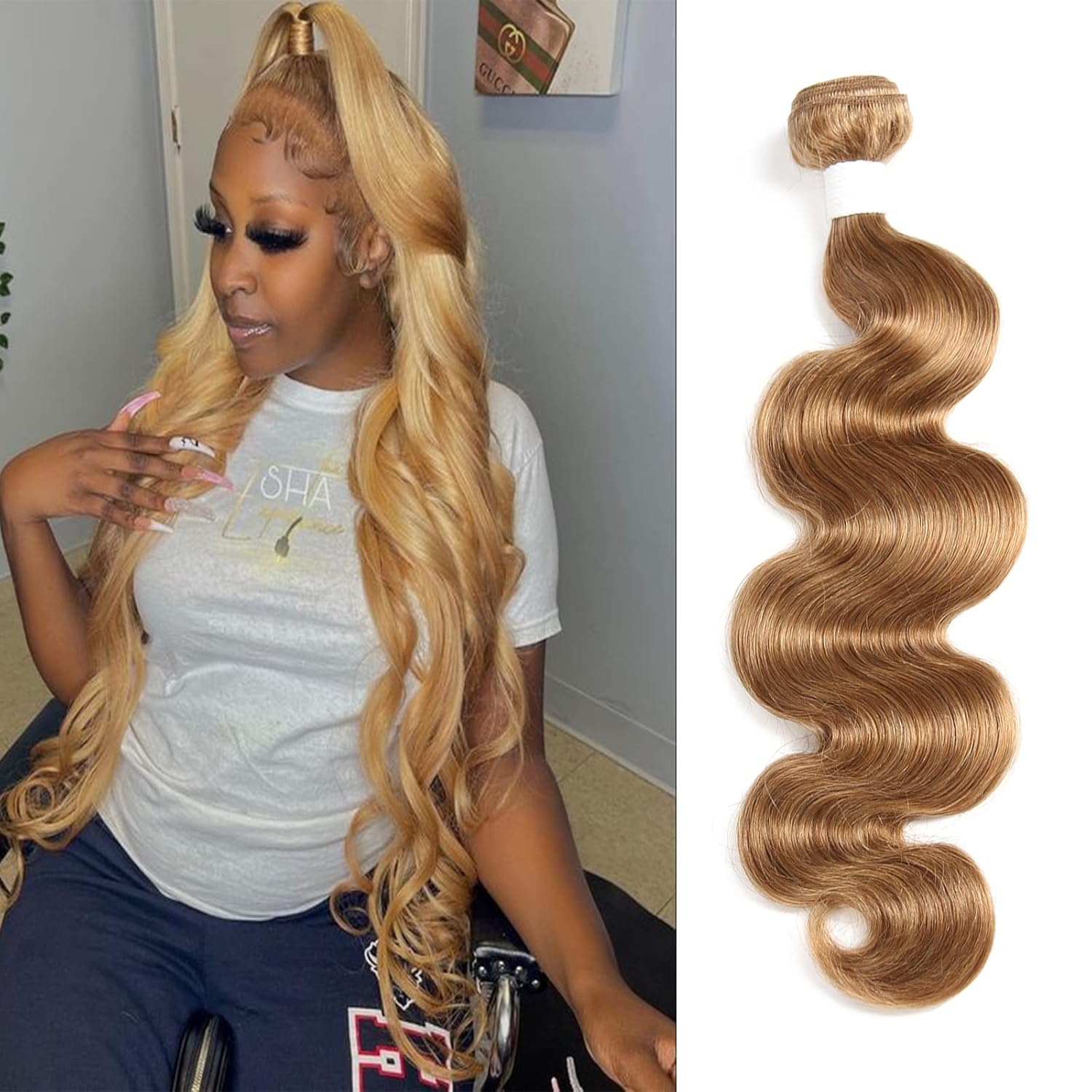 X-TRESS #27 Body Wave Bundles Human Hair 18 Inch - 10A Honey Blonde Brazilian Extensions for Quick Weave Braiding