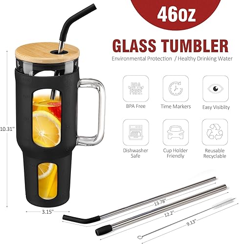 Miniatura 4 de Vaso de vidrio con tapa y pajilla, taza para café helado de 46 oz con asa, botellas de agua de vidrio con funda de silicona, taza de vidrio con