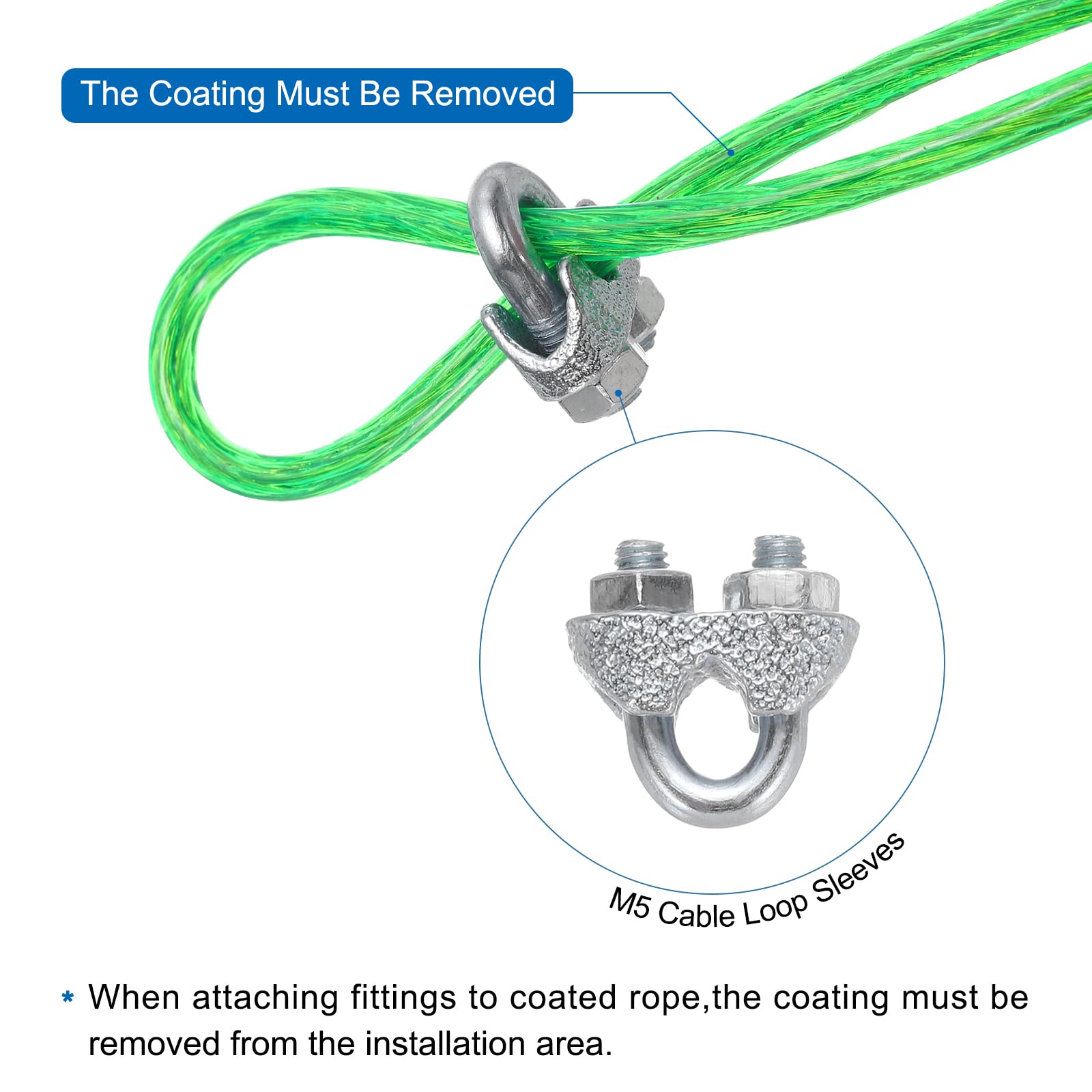 QUARKZMAN Cable de Acero Galvanizado Recubierto de Vinilo Verde de 3,5 Mm (9/64 Pulgadas), Cable de Cuerda de Alambre de Acero Galvanizado de 60 M / 197 Pies con 8Pcs de Fundas de Bucle M5