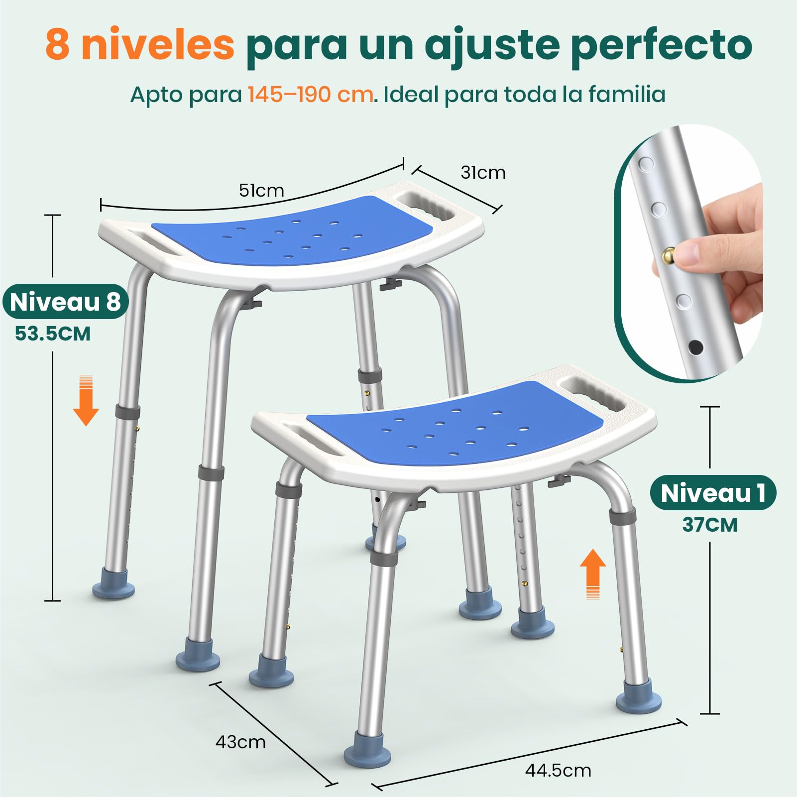 Taburete de Ducha con Altura Ajustable – Taburete de Baño Ligero con Asiento Curvado, Asiento de Ducha Antideslizante para Adultos Mayores, Personas con Discapacidad y Embarazadas, Azul