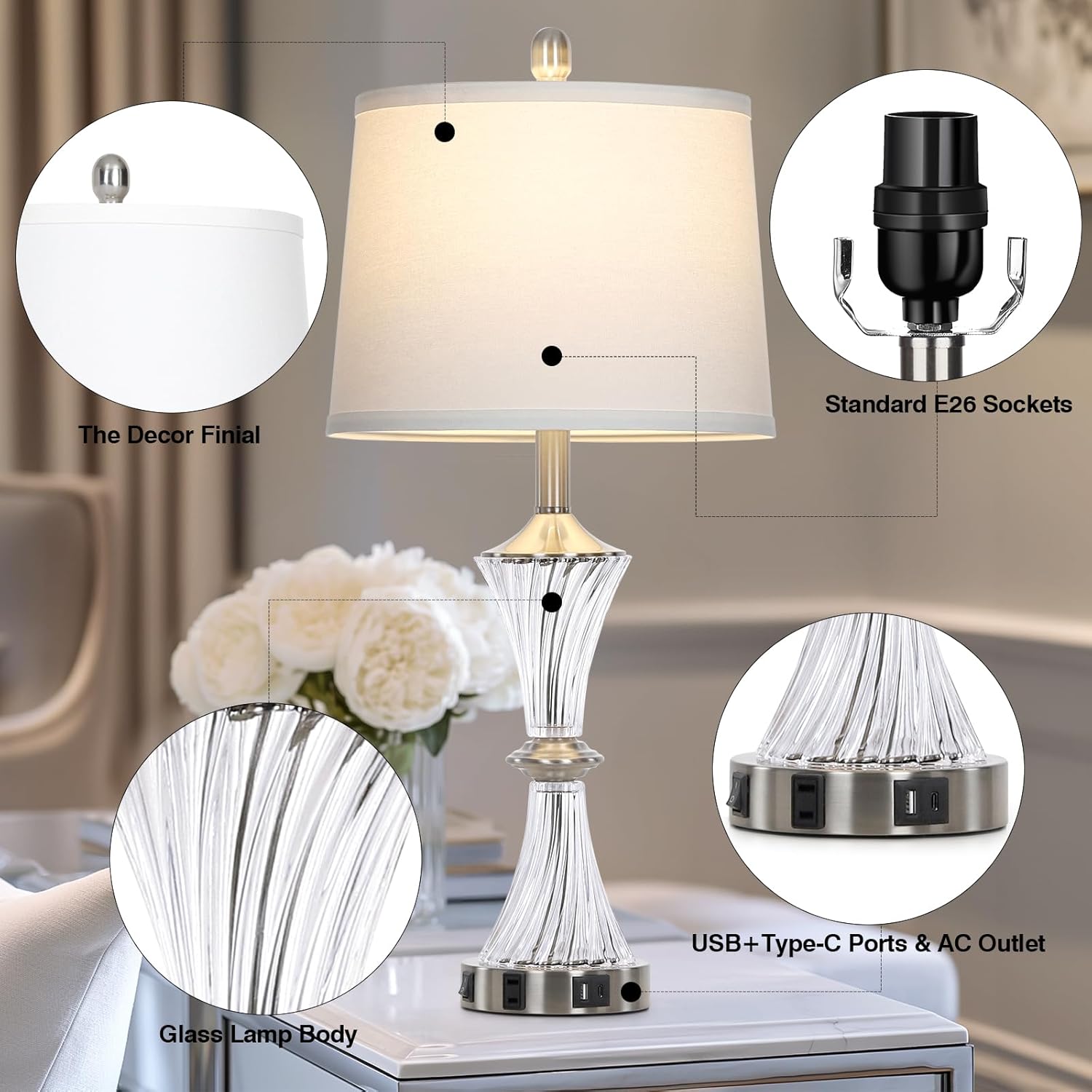 Crystal Glass Table Lamp Set of 2 With USB C+A Ports & AC Outlet - White Clear Modern Bedroom Lamps for Night Stands, Living Room - Silver Nightstand Lamps With LED Bulbs Included