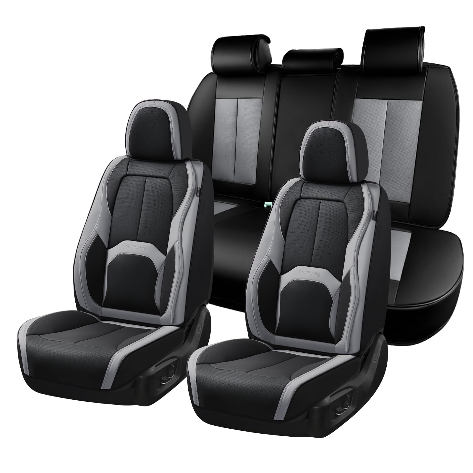 Coverado Car Seat Covers, Leather Seat Covers Full Set, Waterproof Car Seat Protector with Lumbar Support, Automotive Seat Covers Seat Cushions Universal Fit for Most Cars SUV Trucks, (Black&amp;Beige)
