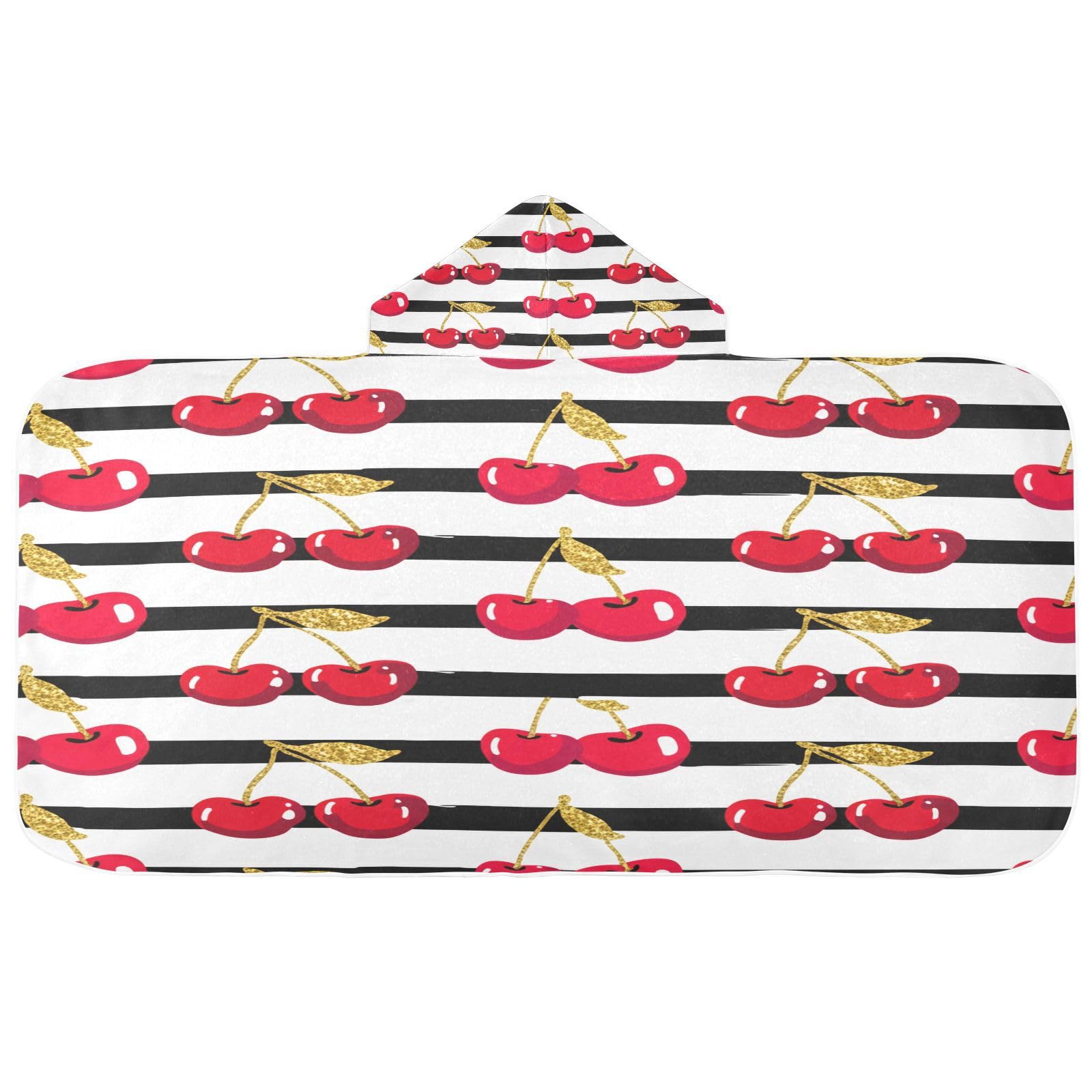 Nesatuwa Hooded Towel for Kids,Cherries Golden Stripes Kids Beach Bath Towels Soft Absorbent Quick Dry Poncho Towel for Girls Boys