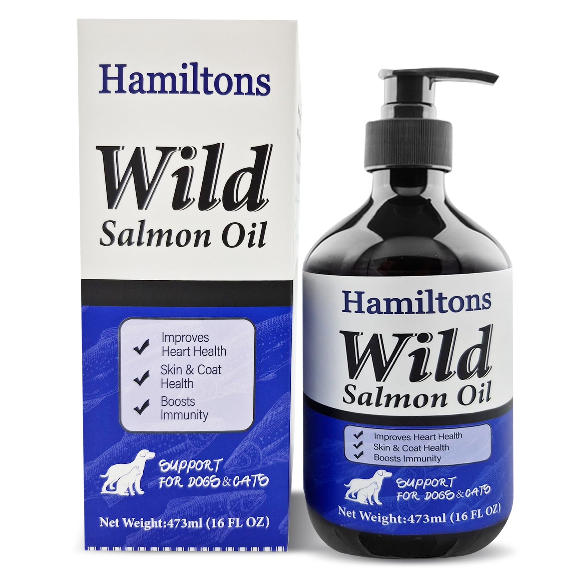 Hamiltons Wild Salmon Oil for Dogs & Cats – Pure Natural Omega-3 Supplement with Vitamin E – Promotes Healthy Skin, Shiny Coat Care, Joints & Heart – Pet Salmon Fish Oil