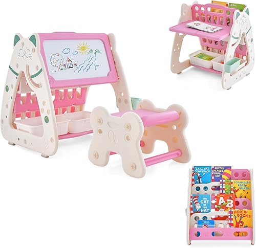 Miniatura 9 de GLACER Caballete de arte para niños 3 en 1 con taburete, pizarra magnética de borrado en seco de doble cara, estante para libros de varias capas, 2