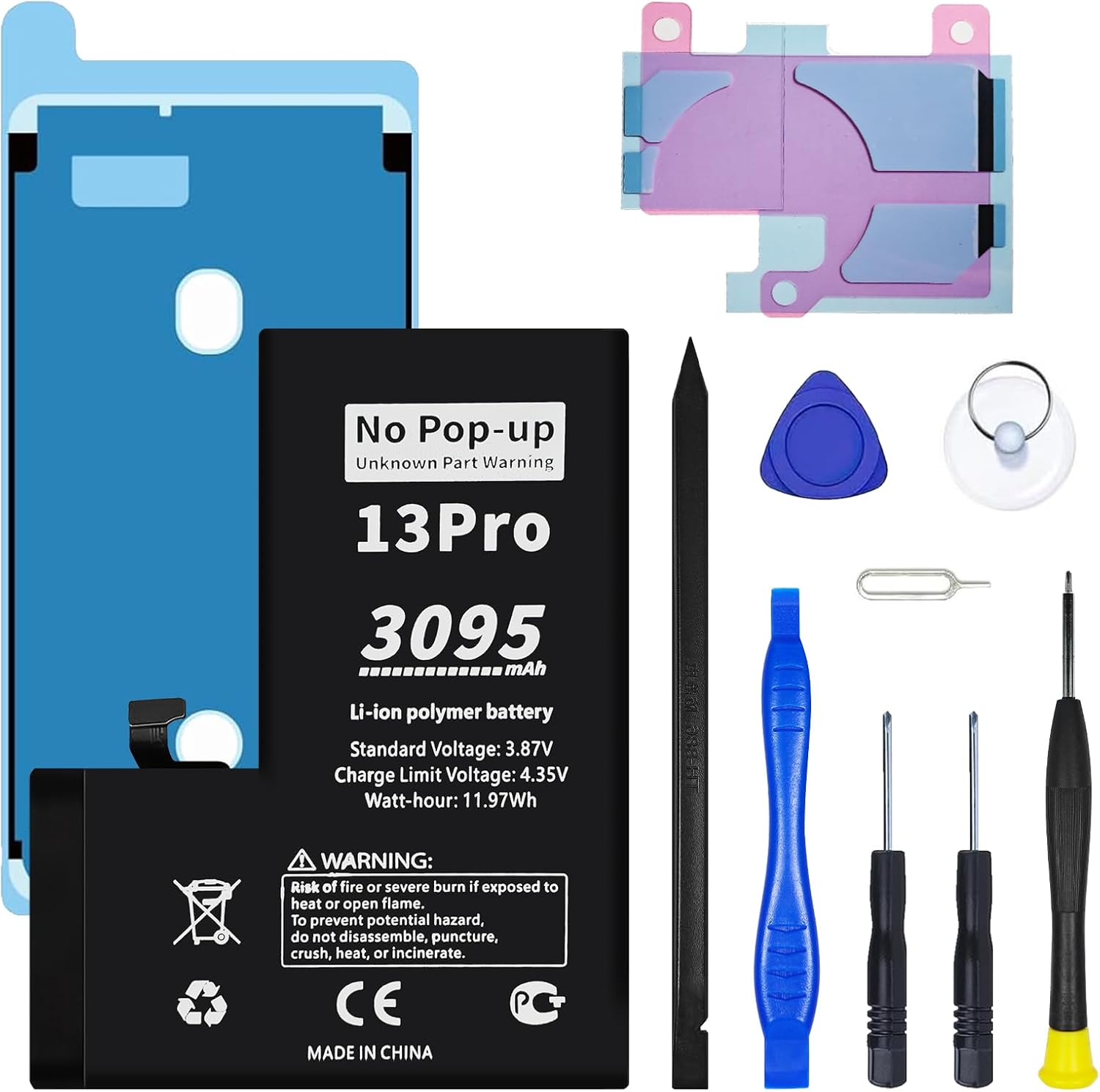 No Pop-up Unknown Part Warning for iPhone 13 Pro Diagnostic Battery,Truthfully Rated 3095mAh Capacity, 0 Cycle Li-Polymer Rechargeable Battery Replacement for iPhone 13 Pro with Full Tool Kit