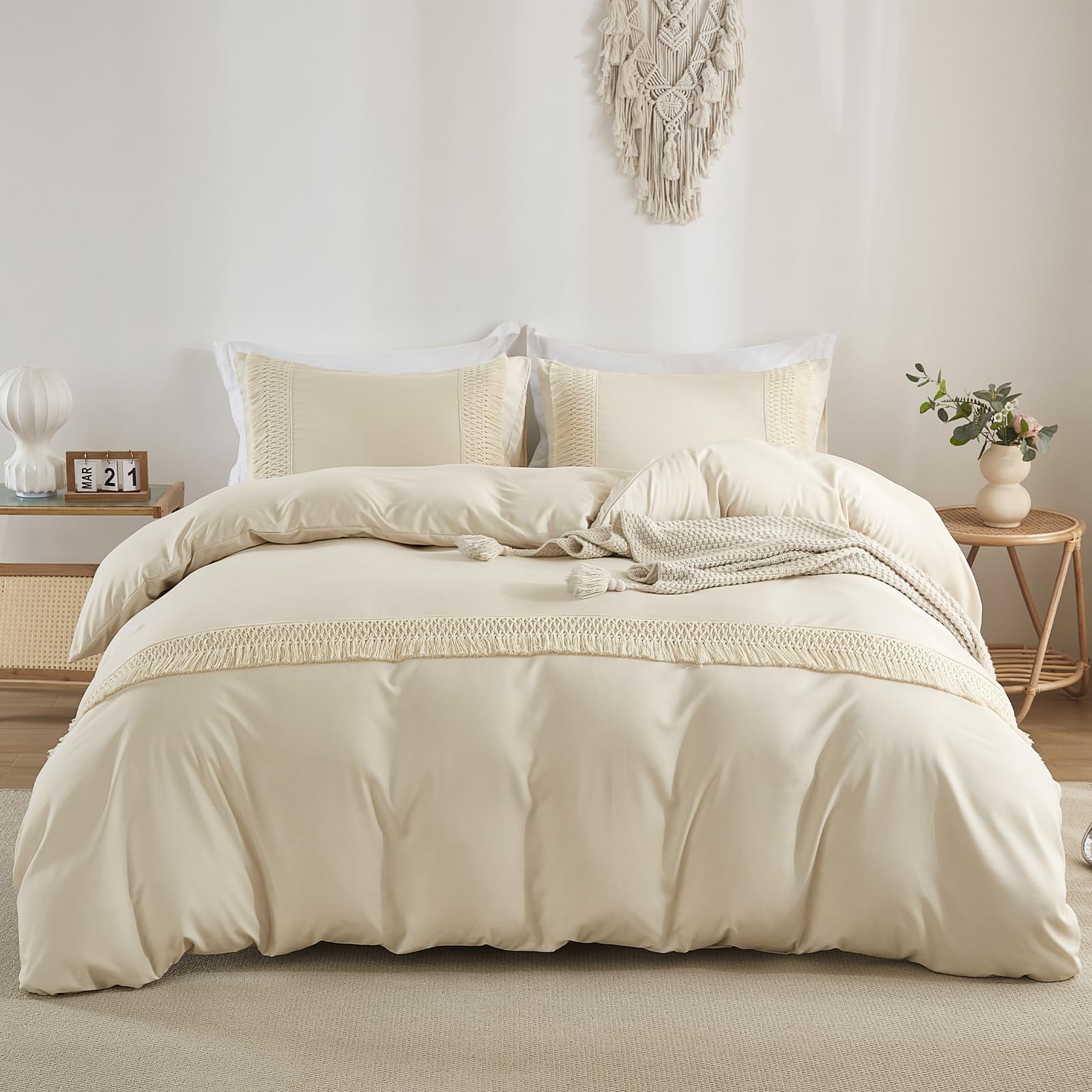 WONGS BEDDING King Size Duvet Cover Sets Tassels Bohemian Beige Bedding Set 3PCS with 2 Pillowcases Cozy Soft Microfiber Zipper Closure Boho King Size Bedding Sets for All Season (220x230cm) - Image 2