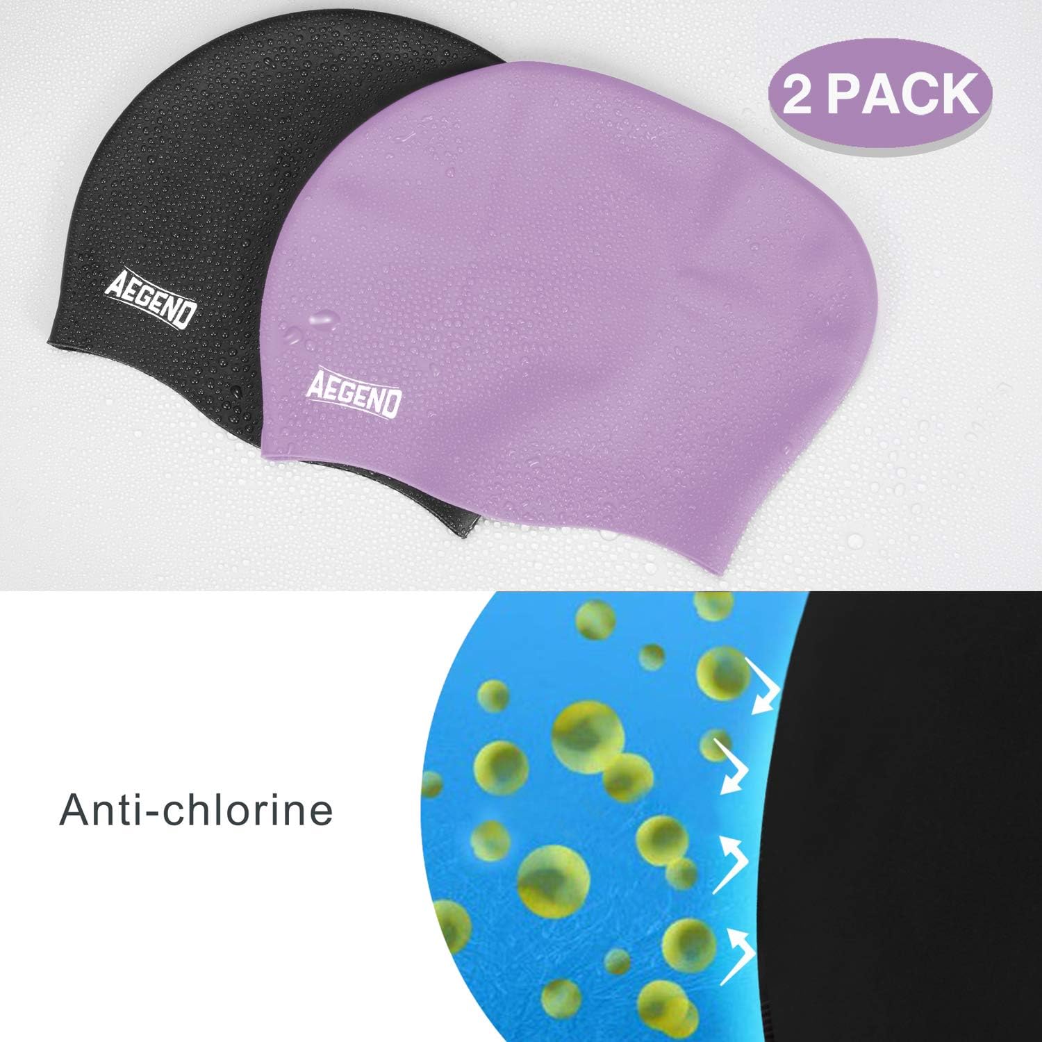 Aegend Swim Caps for Long Hair (2 Pack), Durable Silicone Swimming Caps for Women Men Adults Youths Kids, Easy to Put On and Off, 4 Colors