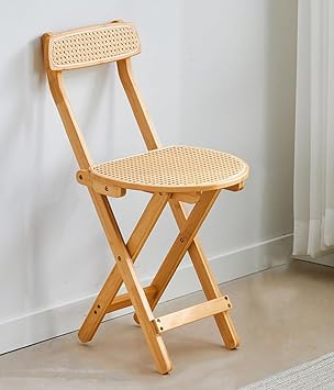 Counter Chair, Rattan Knitting Folding Chair, Portable, Arc Back, Made of Bamboo, One-Piece, Round Corners, Durable, Breathable, Chinese Style, Simple, Ergonomic, Sitting for Long Hours