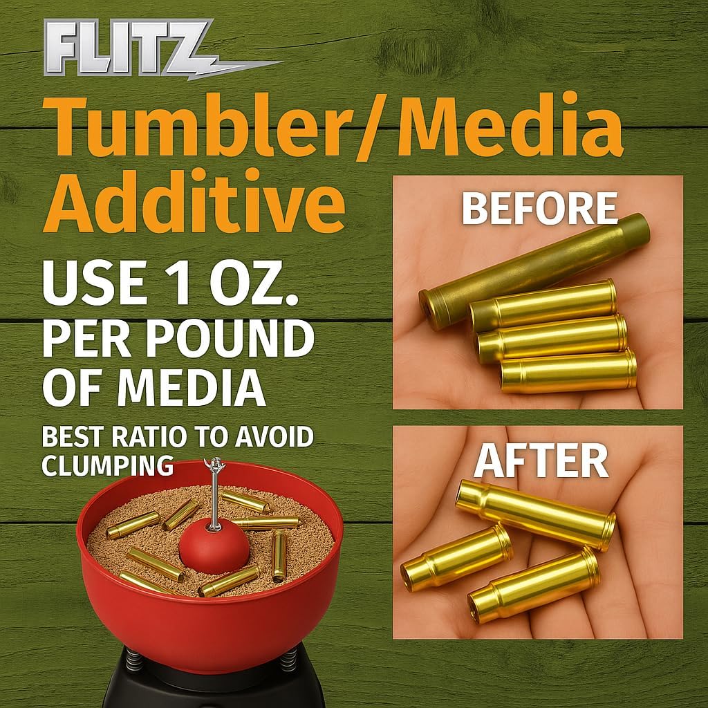 Flitz Tumbler Media Additive - 16oz Bottle of USA-Made Brass Cleaner Reloading Liquid for Ammo, Copper, & All Metals - Ammonia-Free Tumbling Polish to Remove Oxidation, Powder Residue (6 Pack)