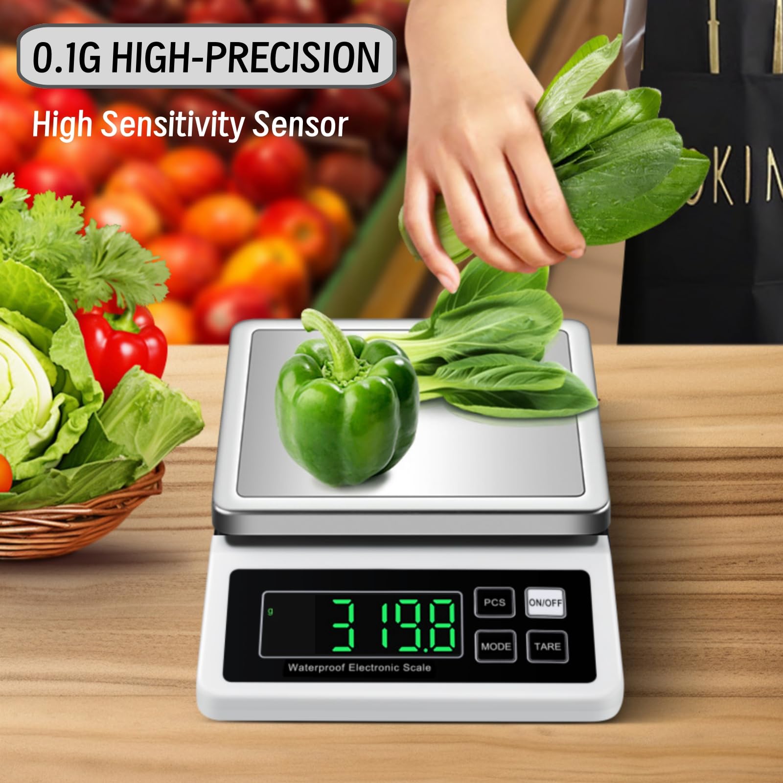 Food Scale 5KG 0.1G Accuracy Digital Kitchen Scale Stainless Steel Rechargeable High Weight Capacity IP67 Waterproof Electric Counting Scale 11LB, USB Charging Cable Included