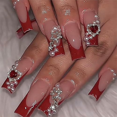 24Pcs Heart Press on Nails Long Square Fake Nails Red