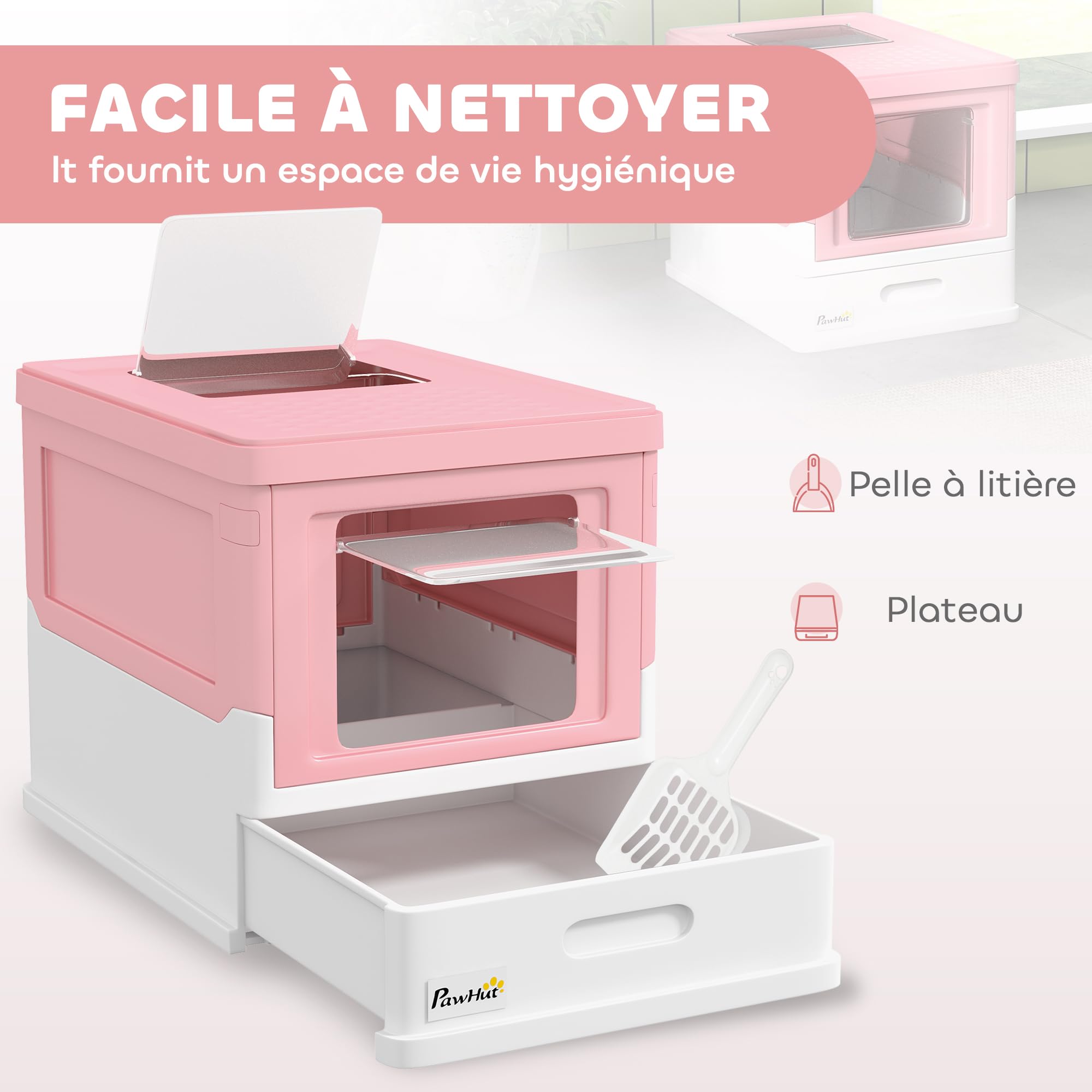 PawHut Bac à litière pour Chat Maison de Toilette fermé Pliable Double Porte battante et supérieure + Pelle + tiroir Amovible Anti-éclaboussures Nettoyage Facile - 47,5x35,5x36,7cm Rose Blanc