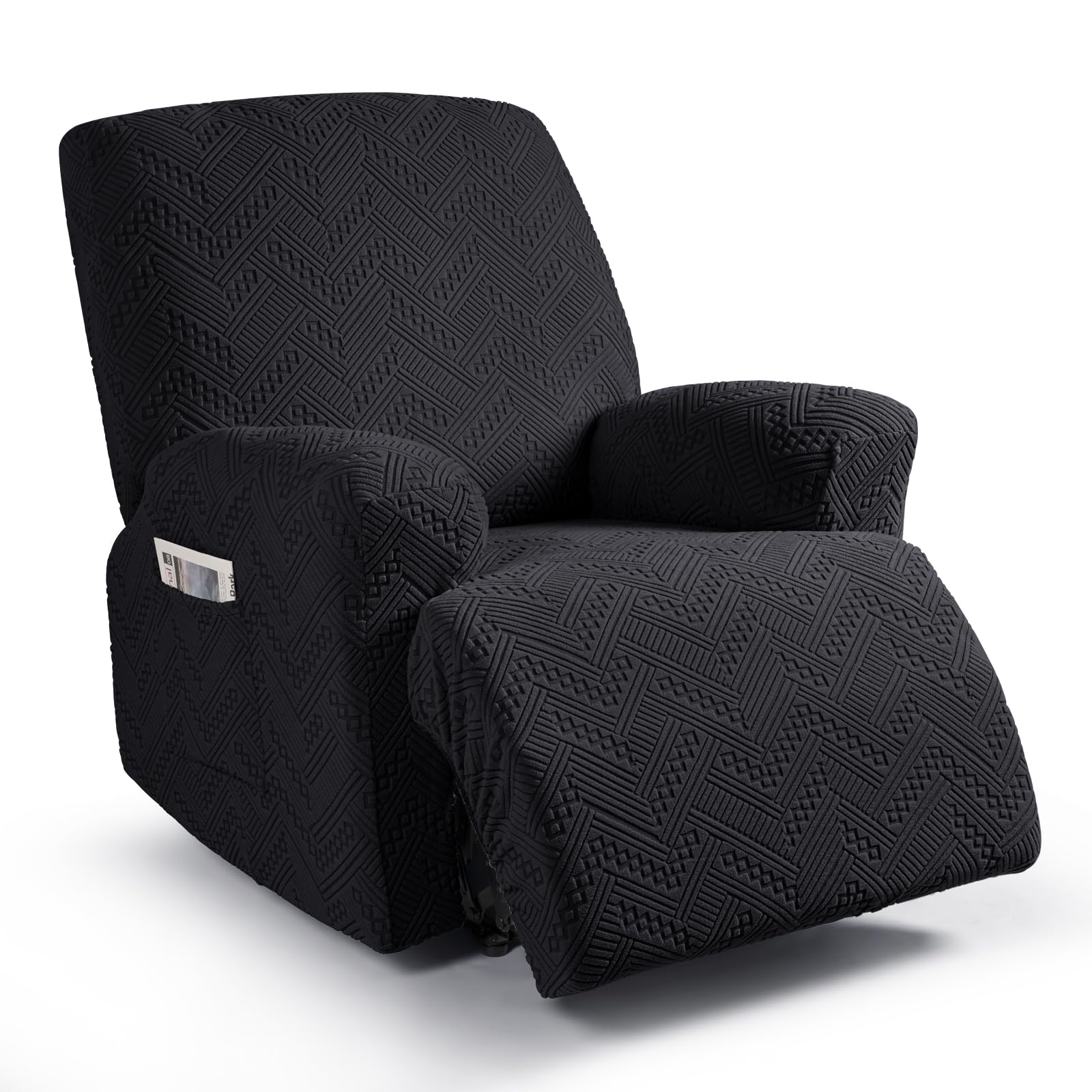 Ruaozz Stretch Recliner Chair Cover 3-Pieces Recliner Covers for Recliner Chair with Pockets Soft Jacquard Reclining Chair Cover Furniture Protector with Elastic Straps Bottom (1 Seater, Black)