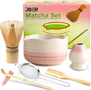 JBER Matcha Set Rosa, Matcha Besen Set 7 Teiliges - Bambusbesen, Matcha Schale mit Ausgießer, Sieb und Zubehör, Perfekt für Matcha-Liebhaber - Farbverlauf Pink