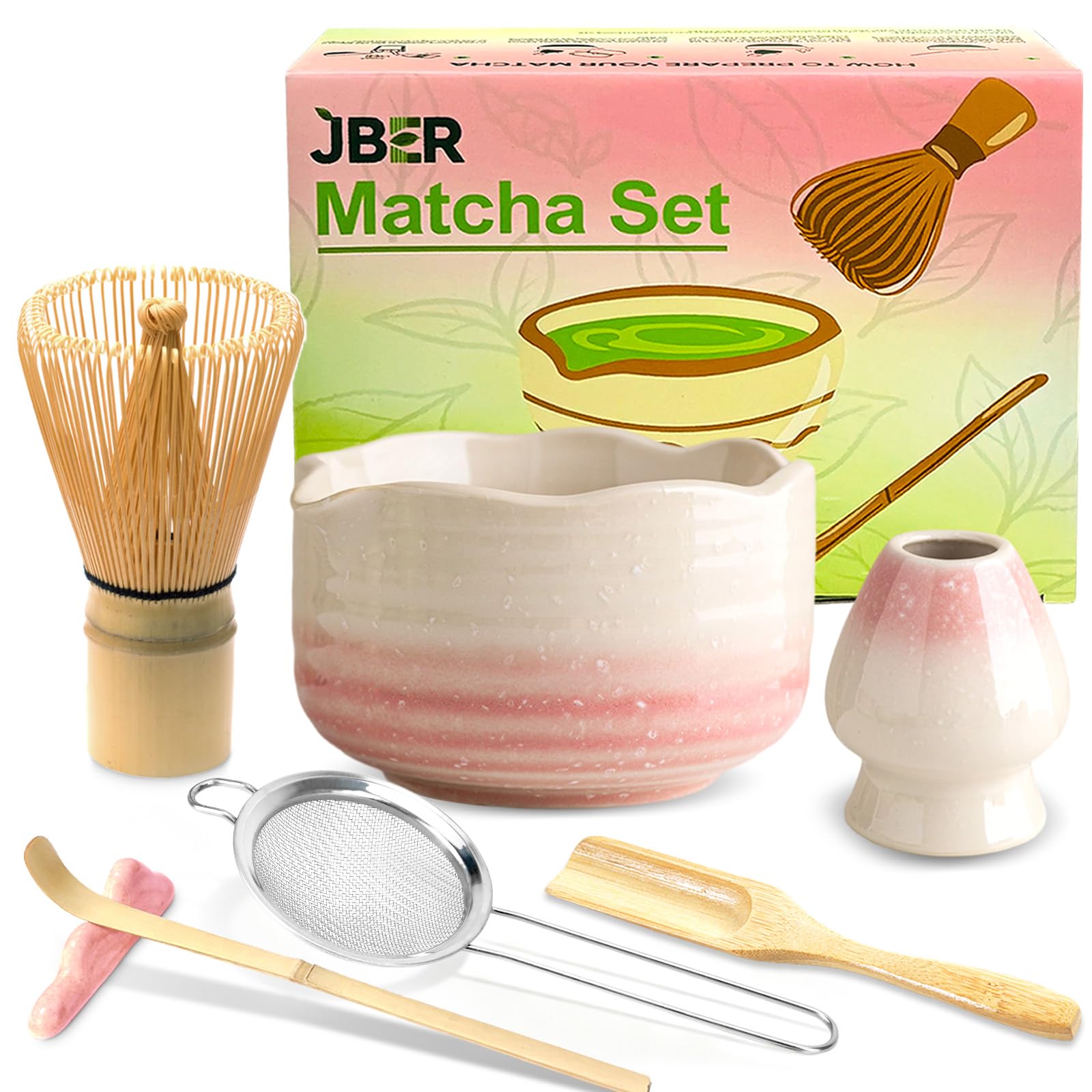 JBER Matcha Set Rosa, Matcha Besen Set 7 Teiliges - Bambusbesen, Matcha Schale mit Ausgießer, Sieb und Zubehör, Perfekt für Matcha-Liebhaber - Farbverlauf Pink