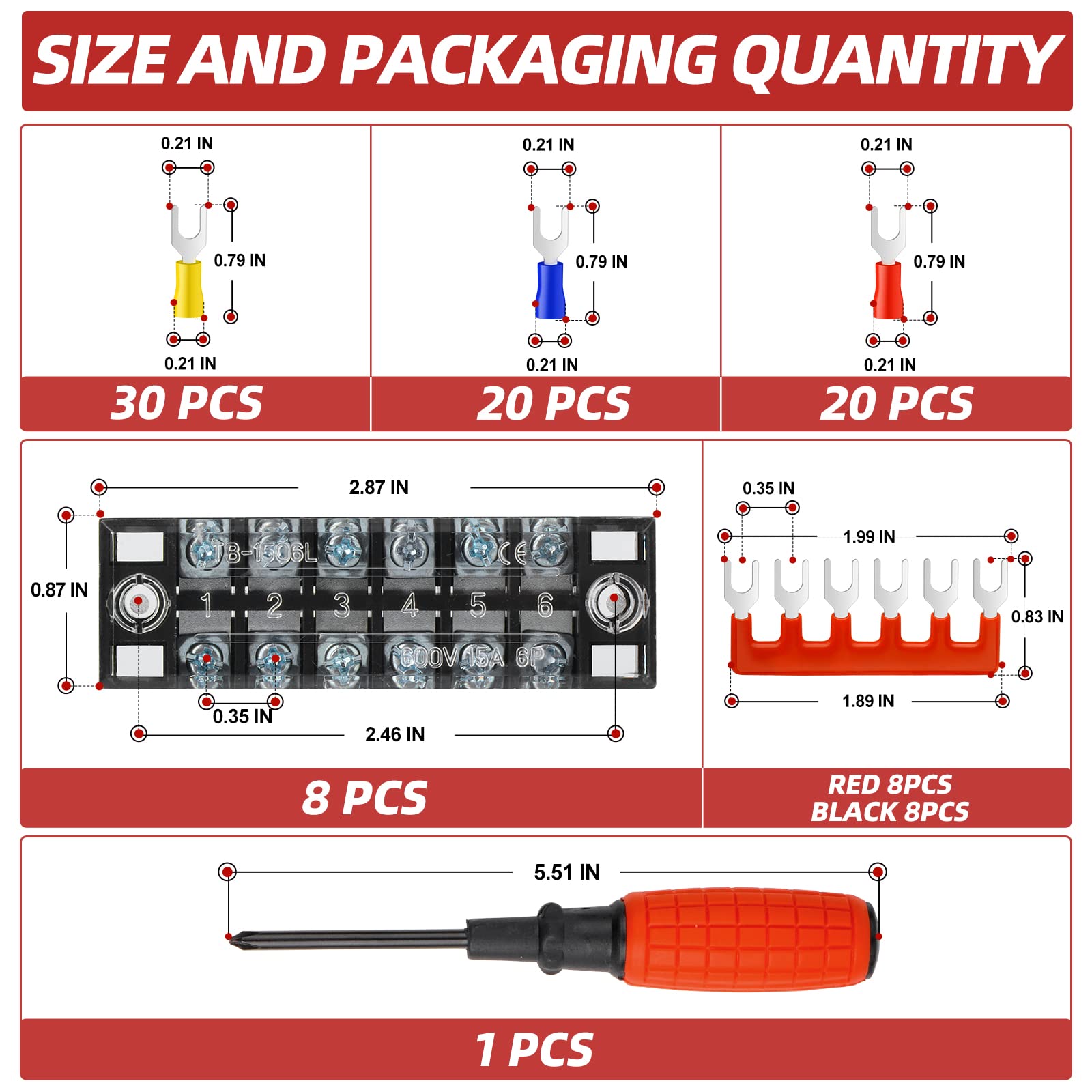 QCQIANG 8pcs Terminal Block, 15A 6 Positions Dual Row Screw Terminal Strip Block with Cover + 70Pcs Insulated Fork Wire Connector + 16Pcs Insulated Terminals Barrier Strip