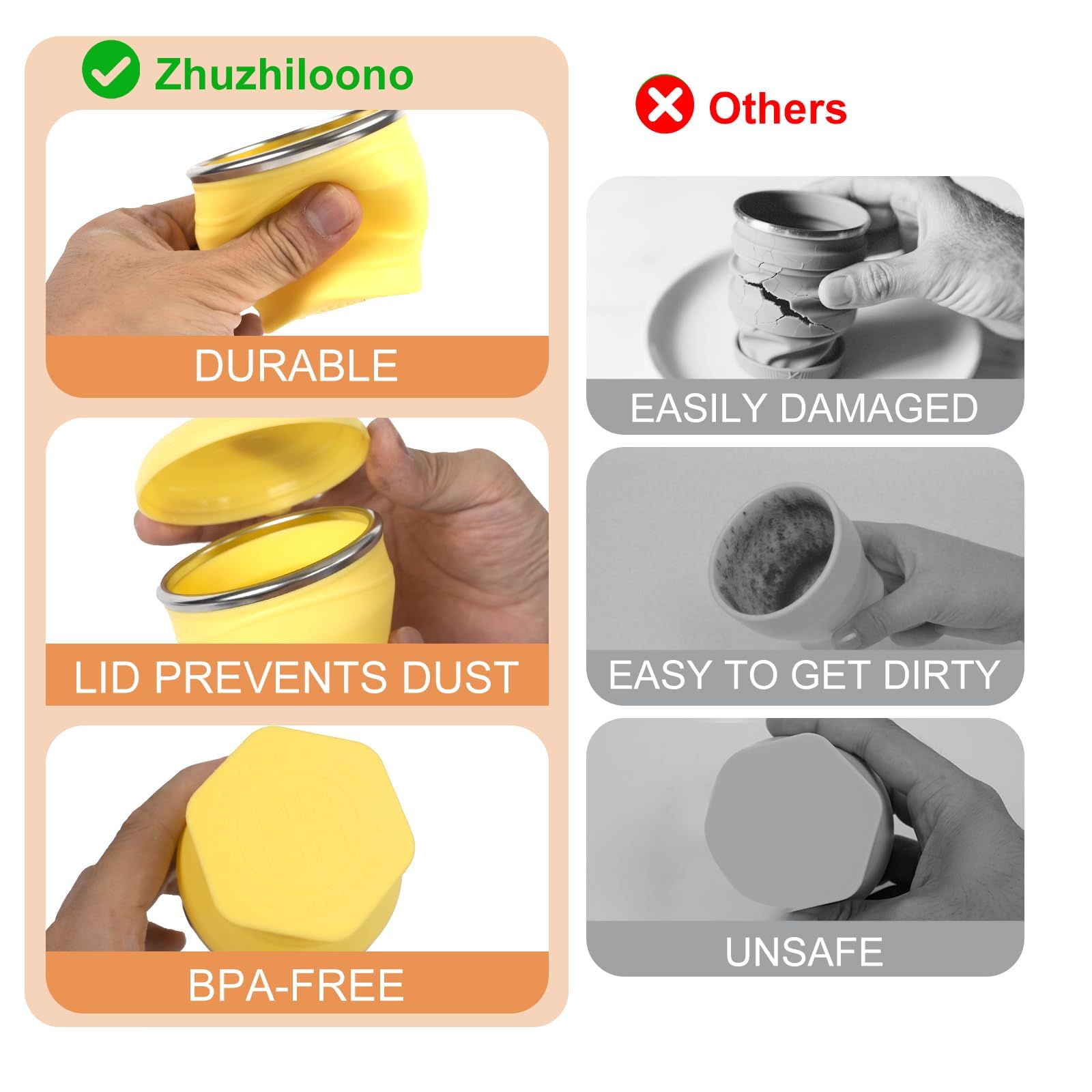 Tazze Silicone Pieghevoli, Bicchieri Silicone con Coperchio, 180 ml Bicchiere Riutilizzabile Pieghevole, Tazza da Viaggio Pieghevole Senza BPA per Viaggio Campeggio Picnic Escursionismo (Giallo)