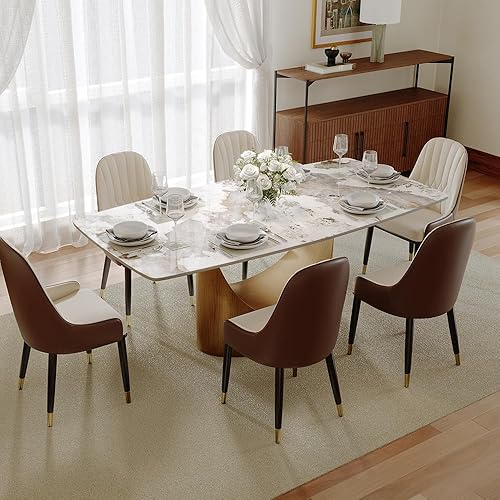 Miniatura 21 de POVISON Hobart - Mesa de comedor rectangular moderna de 71 pulgadas para 6, mesa de piedra sinterizada blanca brillante con pedestal de acero al