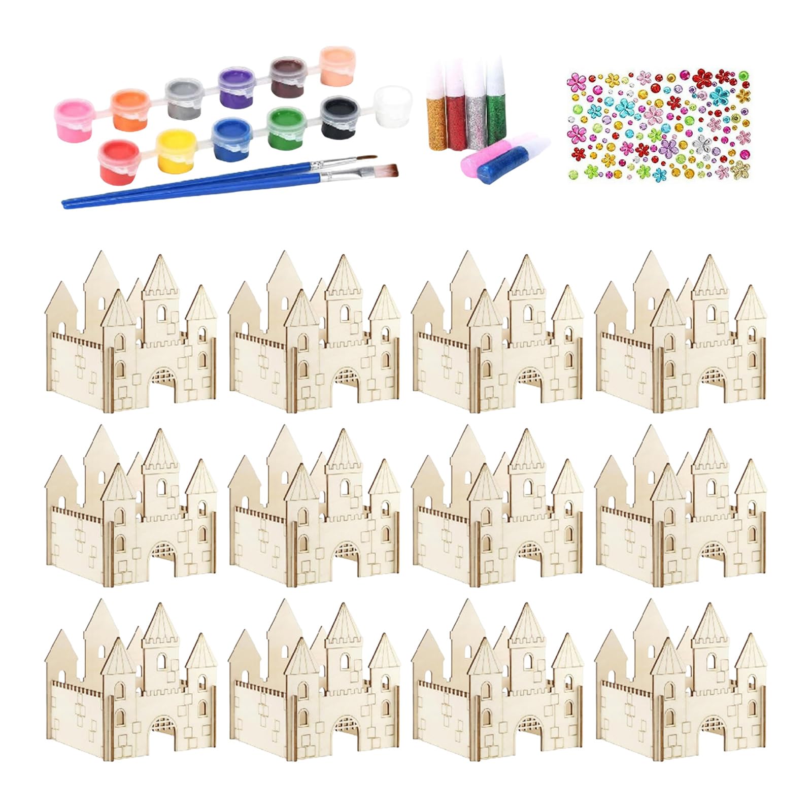 12 Set DIY Wooden Castle Crafts for Kids, Unfinished Painting Crafts Set, 12 Colors Wooden Painting Cardboard Castle for Kids, Arts and Crafts Supplies for Birthday Party Favors (B)
