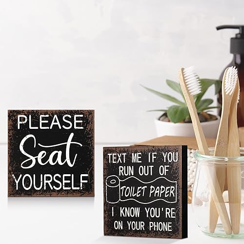 Miniatura 4 de Yulejo 3 letreros divertidos de baño de granja, accesorios de baño de madera rústica, decoración de baño, estante de pared en blanco y negro,