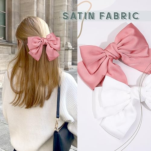 Miniatura 2 de 2 lazos grandes de satén en capas para mujeres y niñas, 7 pulgadas, pasador de pelo blanco y rosa, lazos grandes de cinta de seda, accesorios para
