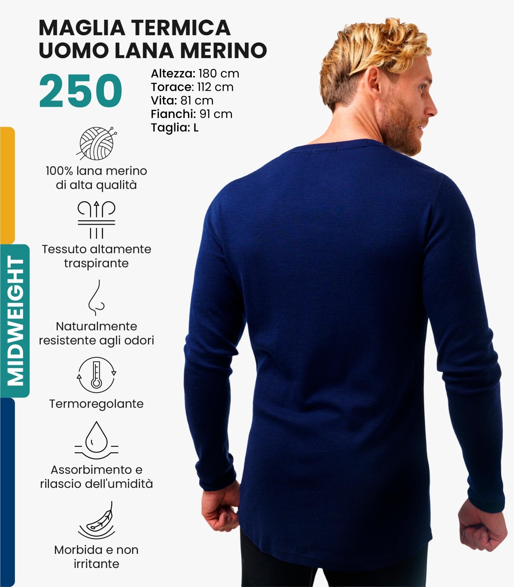 Merino.tech Maglia Termica Lana Merino Uomo - 100% Intimo Termico Lana Merino Uomo Leggero, Medio, Pesante con Calzini