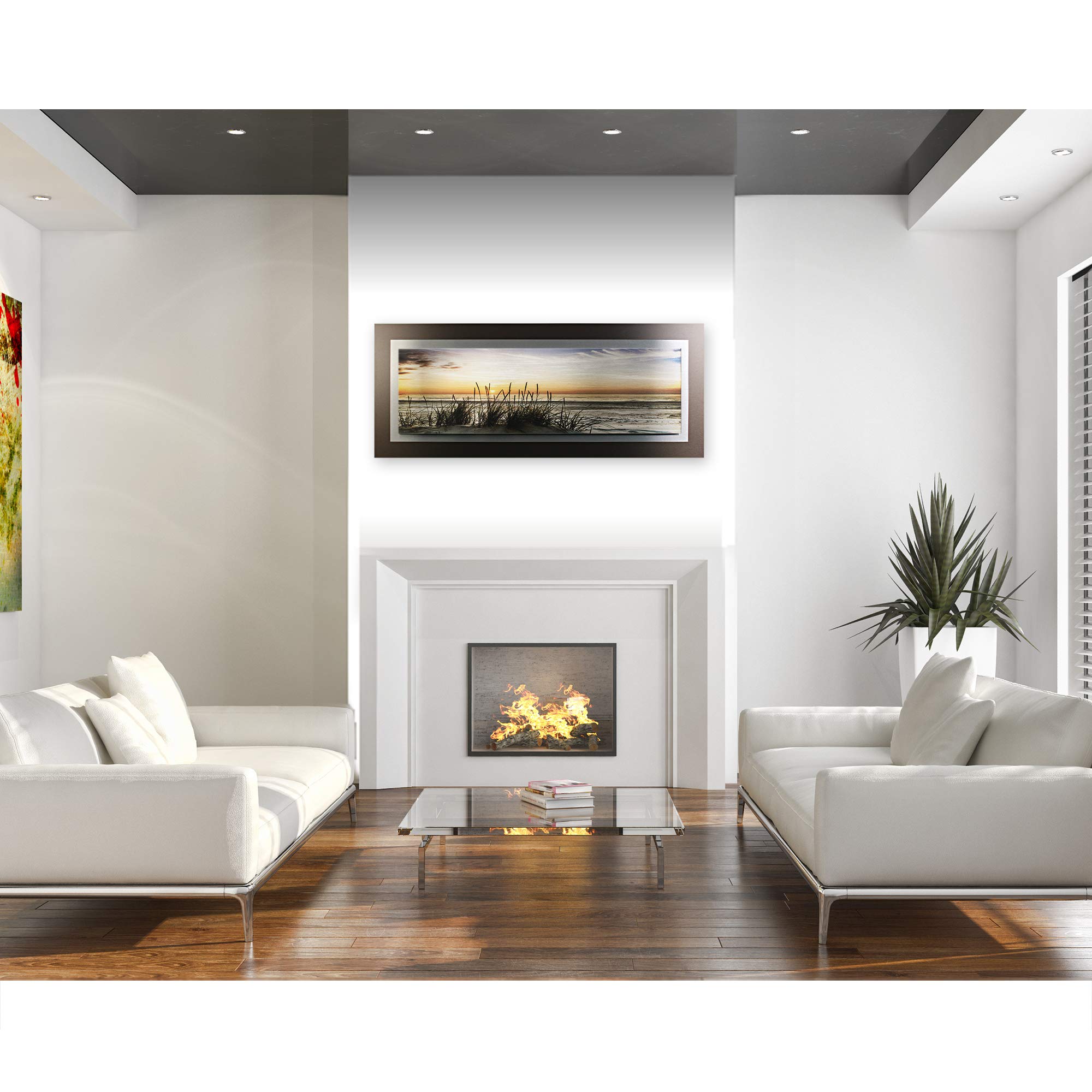 Kreative Feder 3D Metallic-Wandbild aus gebürstetem Alu-Verbund | Abendlicher Strand | modernes Designer Bild in XXL | 100 x 40 cm