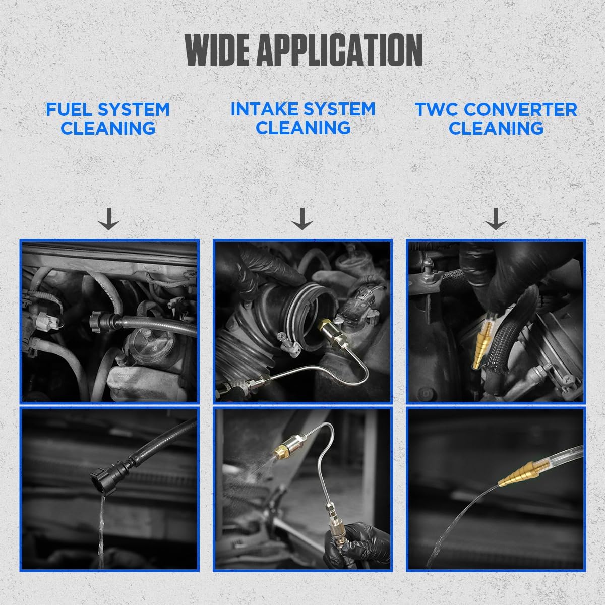 Three sets of images demonstrating wide application of the kit for Fuel System Cleaning, Intake System Cleaning, and TWC Converter Cleaning.