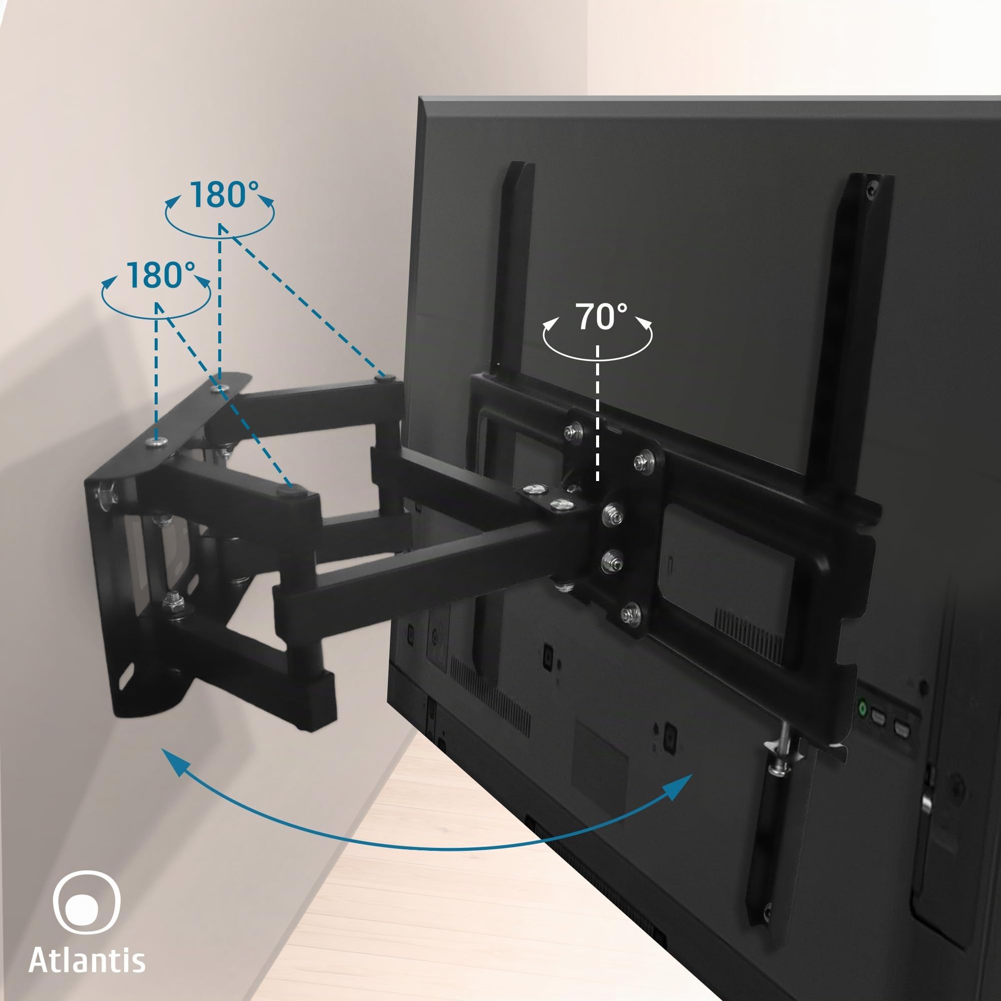 Atlantis P022-E20SDN Supporto TV parete orientabile e inclinabile, Staffa da Parete per TV da 32" a 65", Max 35Kg, Max VESA 400x400. Inclinazione Verticale da -12° a +12°. Ruotabile 180°.