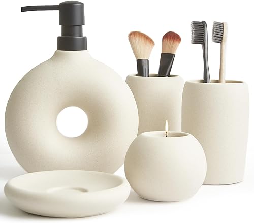 Juego de accesorios de baño de cerámica, 5 piezas, incluye dispensador de jabón, taza para cepillo de dientes, soporte para cepillos de dientes,