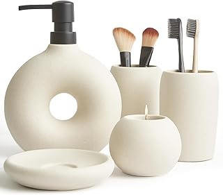 Ceramic Bathroom Accessory Set, 5 Pcs - Soap Dispenser 16 Oz, Toothbrush...