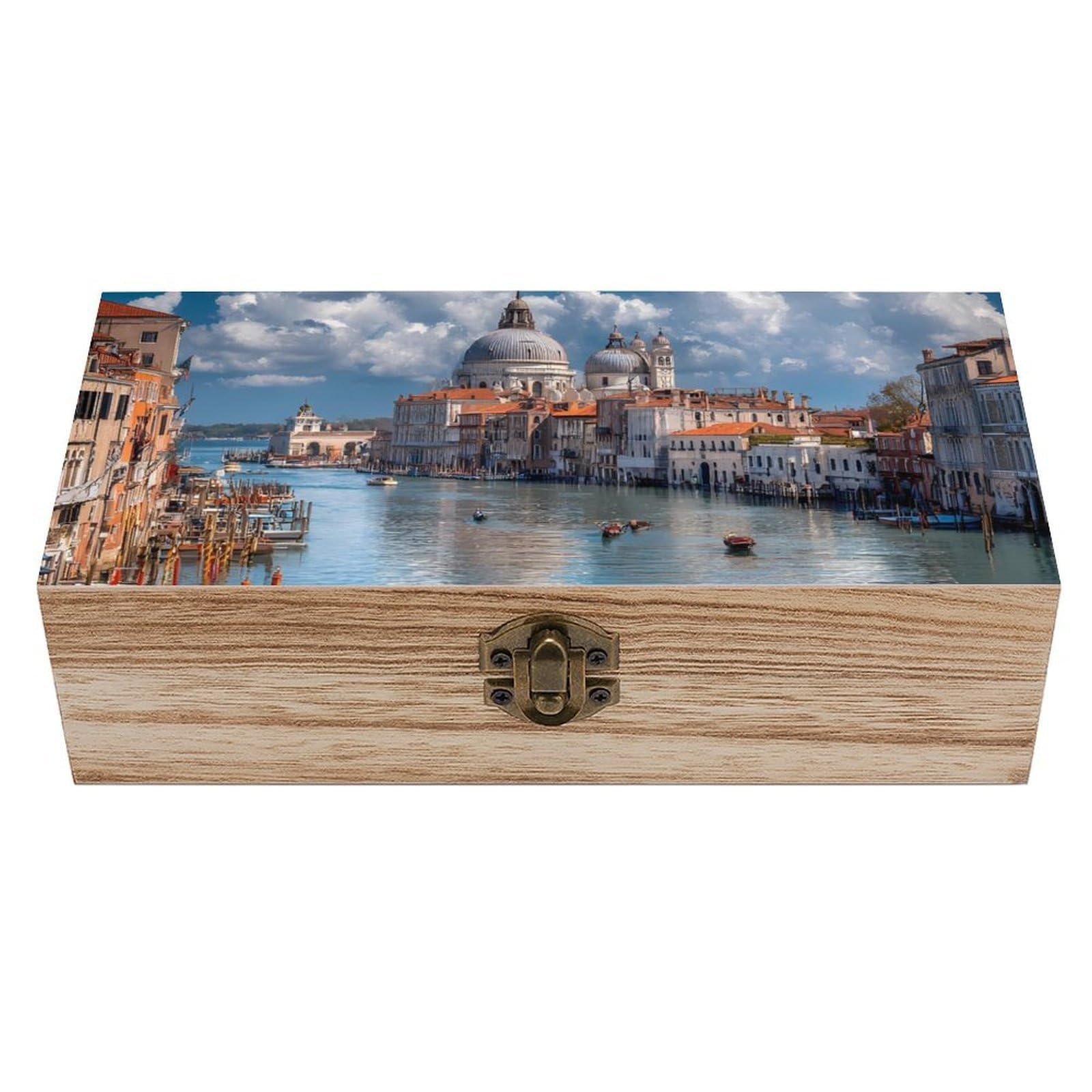 HLBSDM Venice Gran Canal Basilica Santa Maria Italy Wooden Box with Hinged Lid Decorative Storage Case Container