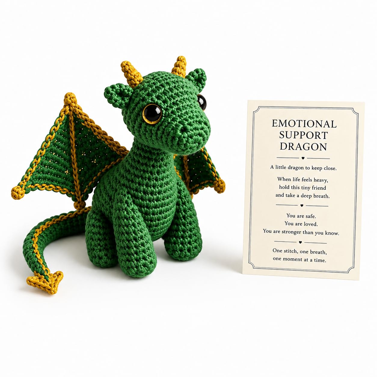 Emotional Support Dragon Pocket Buddy, Cute Handmade Plush Stuffed Animals with Encouragement Card, Anxiety Relief Desk Decor, Fantasy Gift for Students & Adults (Green)
