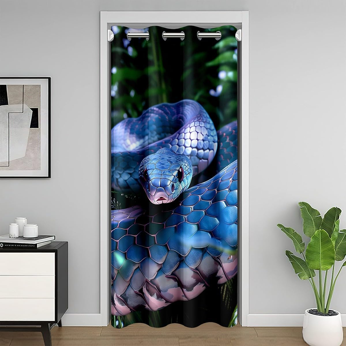 Erosebridal Snake Door Curtains for Doorways Privacy 34" W X 80" L,Blue Snake Blackout Curtain,3D Reptile Doorway Curtain Tropical Door Drape,Blue Scales Palm Leaf Wild Animal Wildlife Closet Curtain