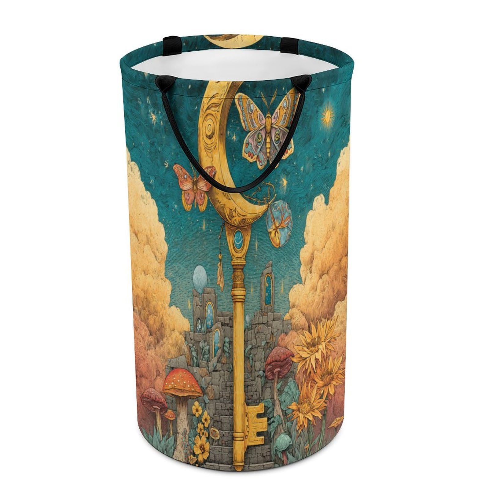 LUYYSKY Beautiful Vintage Fairy Garden Collapsible Dirty Clothes Basket, Fantasy Romantic Starry Sky Galaxy Animal Butterfly Floral Portable Clothes Storage Laundry Basket-40 CM Dia, 69 CM High