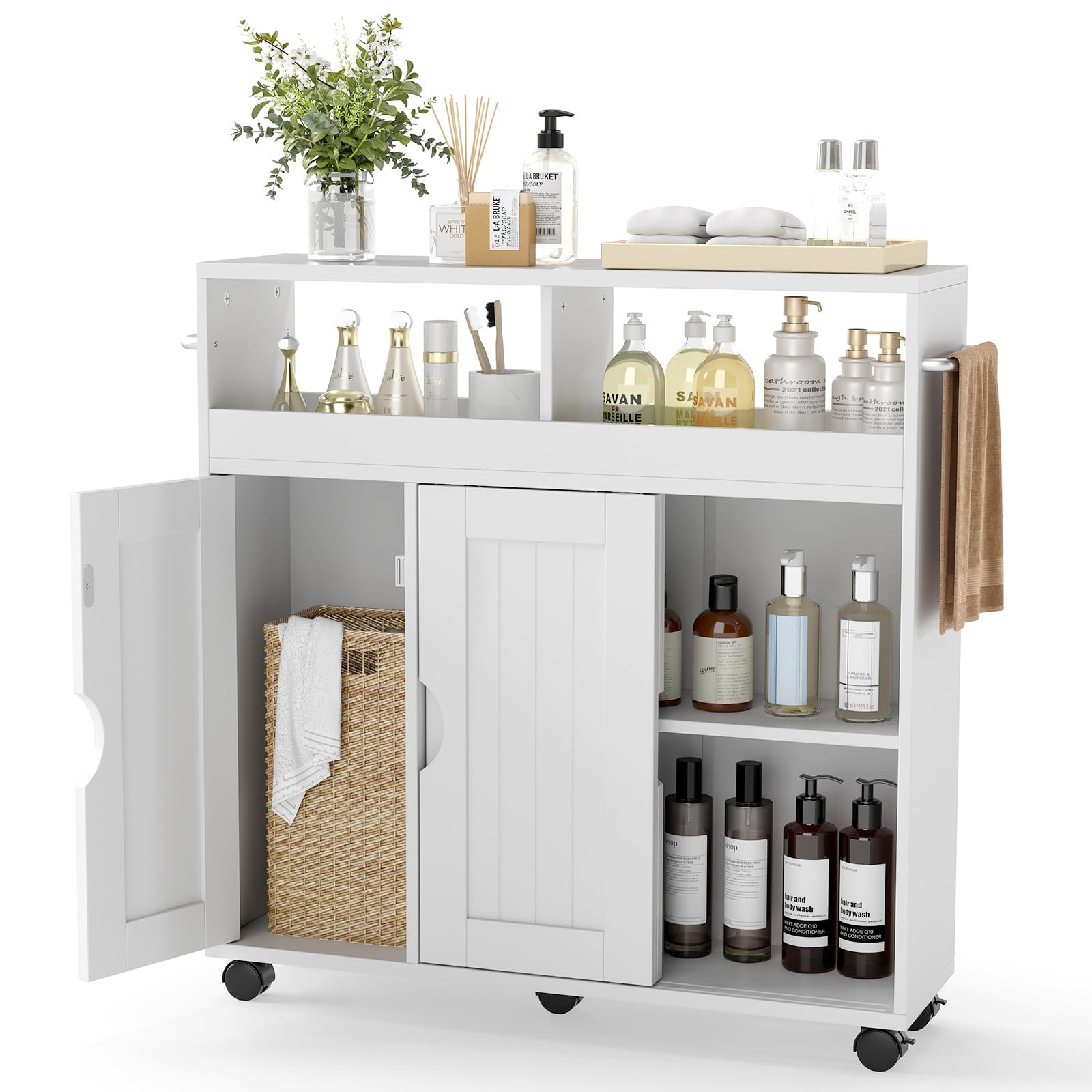 COSTWAY Nischenschrank mit Rollen, Badezimmerschrank schmal mit verstellbarem Regal & Handtuchhalter & Schiebetüren, Badrollwagen, Nischenwagen für Bad, Küche, kleine Räume, 75 x 20 x 72 cm