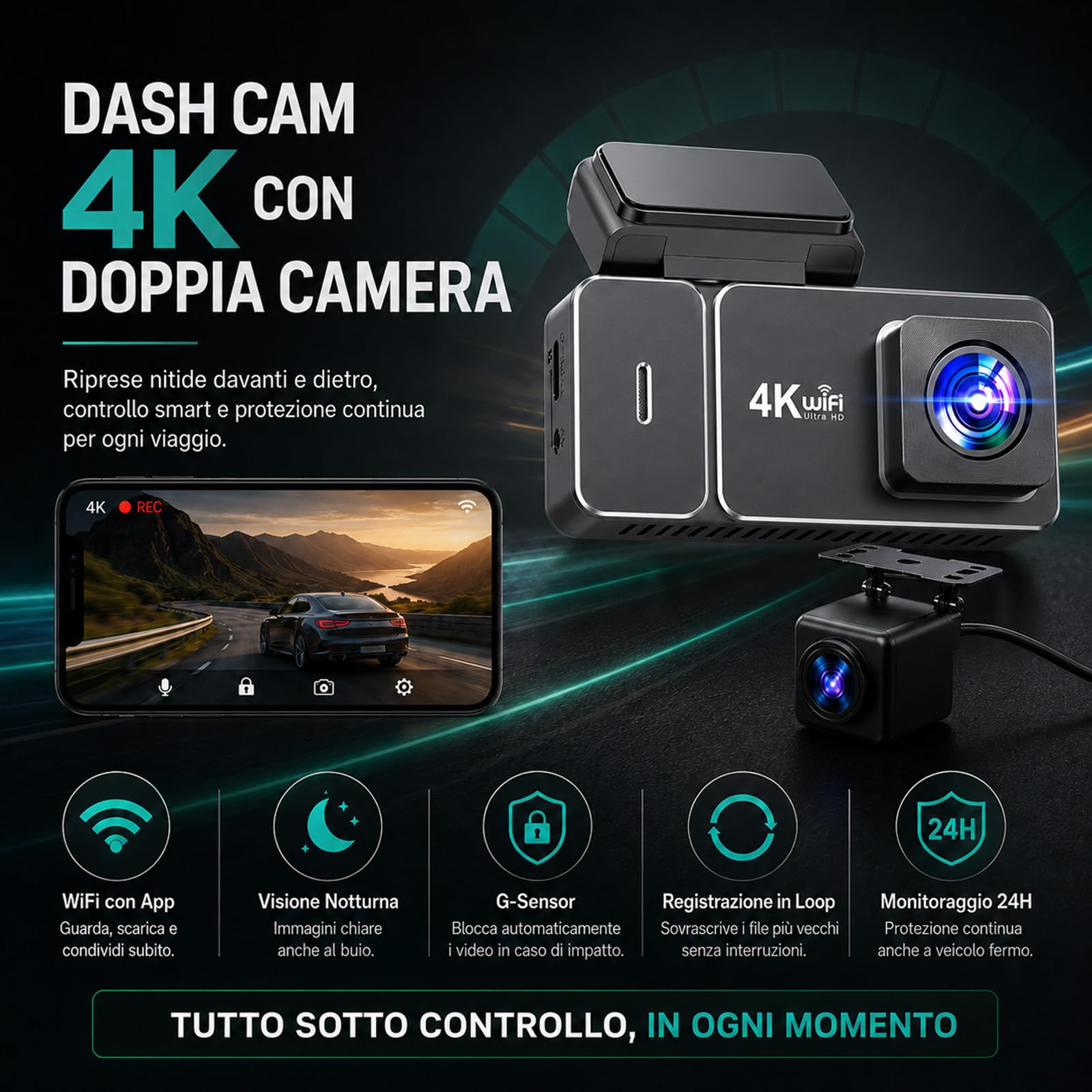 EvoSmart Dashcam 1080P, WiFi con App, Telecamera Auto Impermeabile IP68 | Il supercondensatore è adatto al calore dell’abitacolo e offre prestazioni più stabili nell’uso quotidiano.