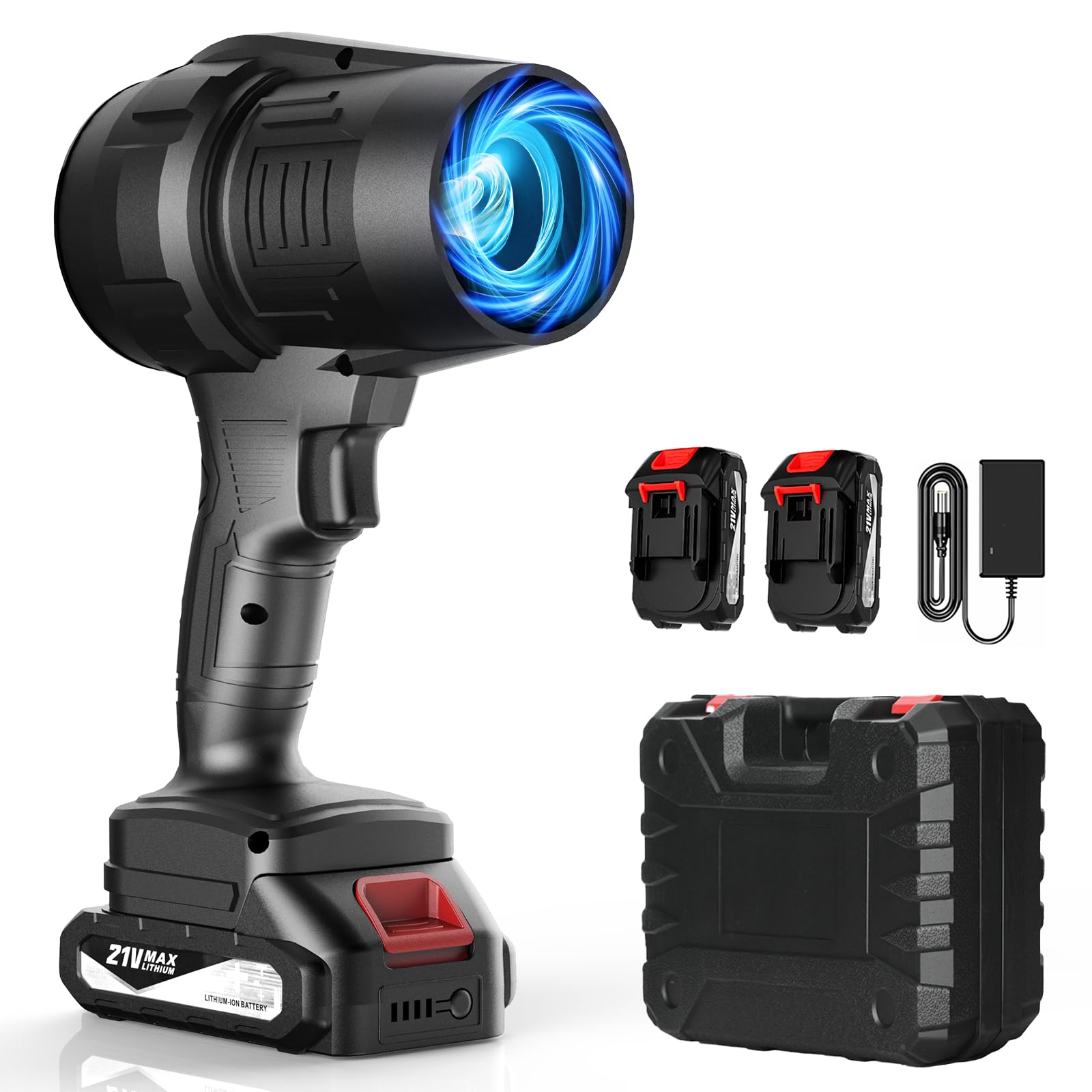 MGYM Soplador de hojas inalámbrico con batería y cargador, soplador turbo de mano portátil de 21 V, 300000 rpm, limpiador de polvo de alta velocidad con 2 baterías para el cuidado del césped del patio