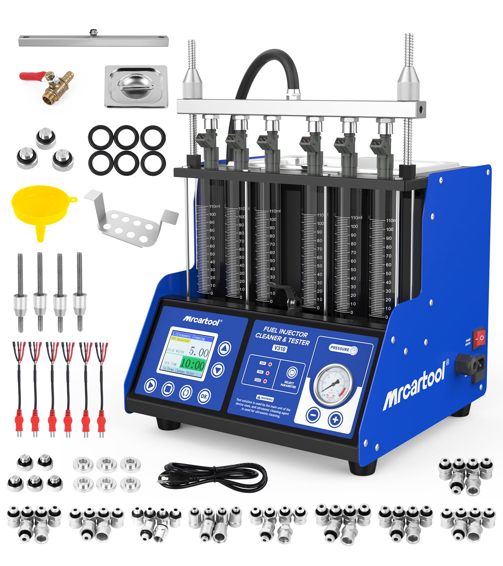 MR CARTOOL V310 Equipo Limpiador y Probador de Inyectores de Combustible, Kit de Limpieza Ultrasónica 110V/220V con 6 Cilindros para Inyectores Estándar GDI/EFI/FSI de Diésel y Gasolina