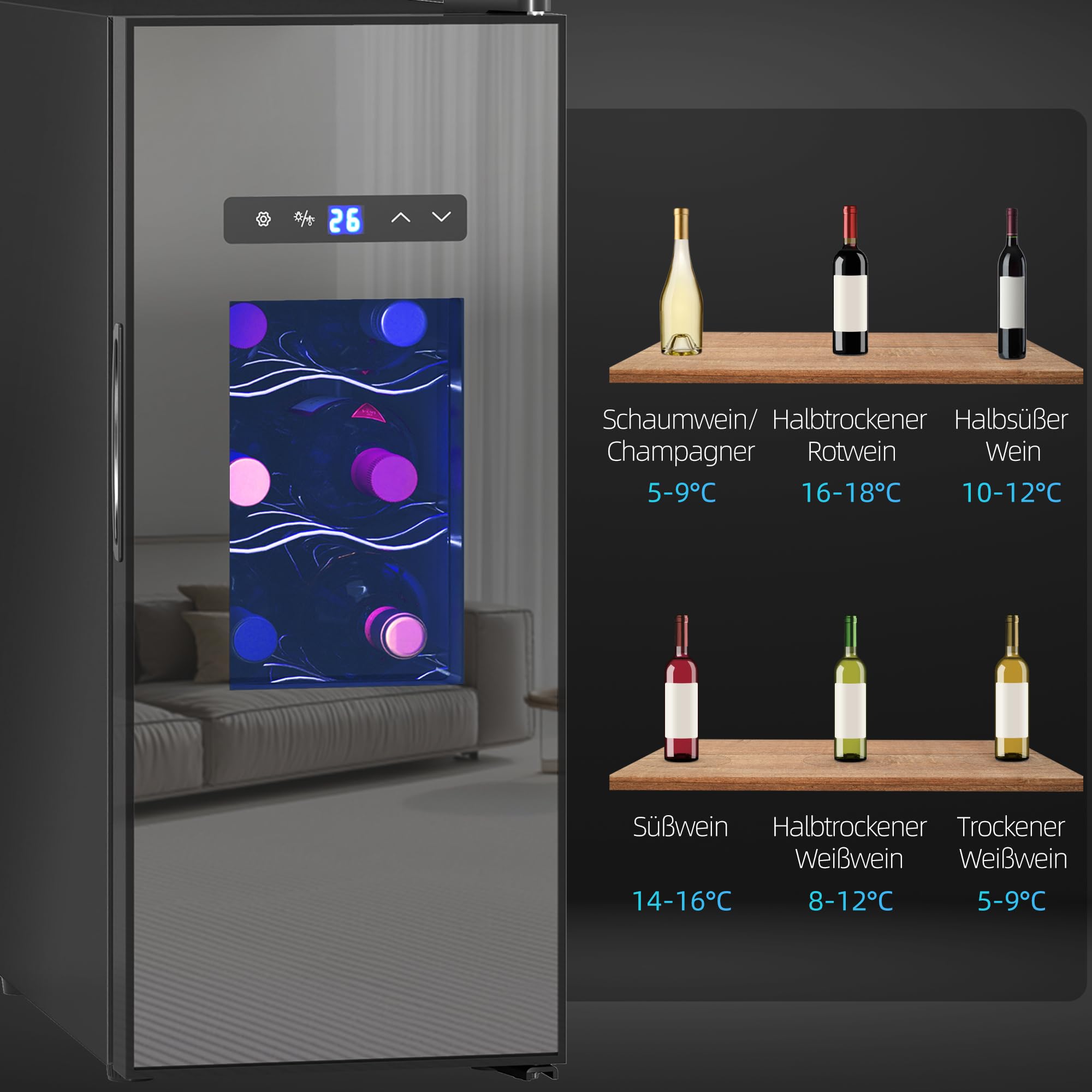 HOMCOM Weinkühlschrank Kompressor 12 Flaschen 30L Getränkekühlschrank 8-18°C Touchscreen Glastür LED-Beleuchtung Schwarz