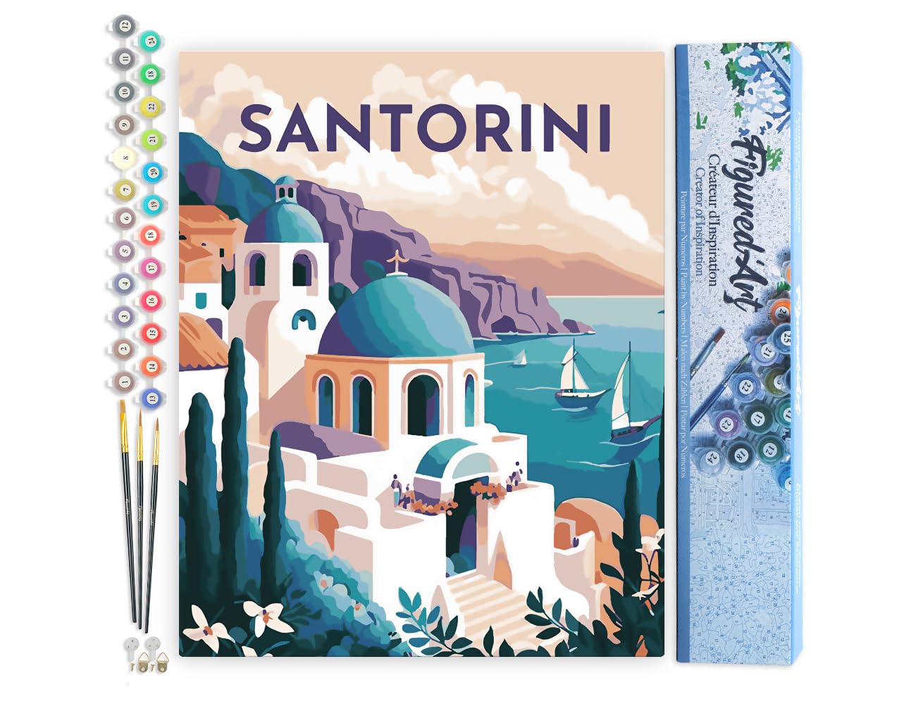 Figured'Art Paint by Numbers for Adults Travel Poster Santorini 40x50cm - Craft Art Painting DIY Kit Rolled Canvas Without Frame